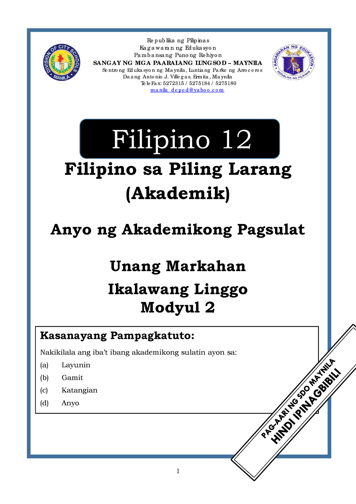 Filipino-12 Q1 Mod2 Akademik - Re P Ub Lika Ng Pilip Ina S Ka G A W A ...