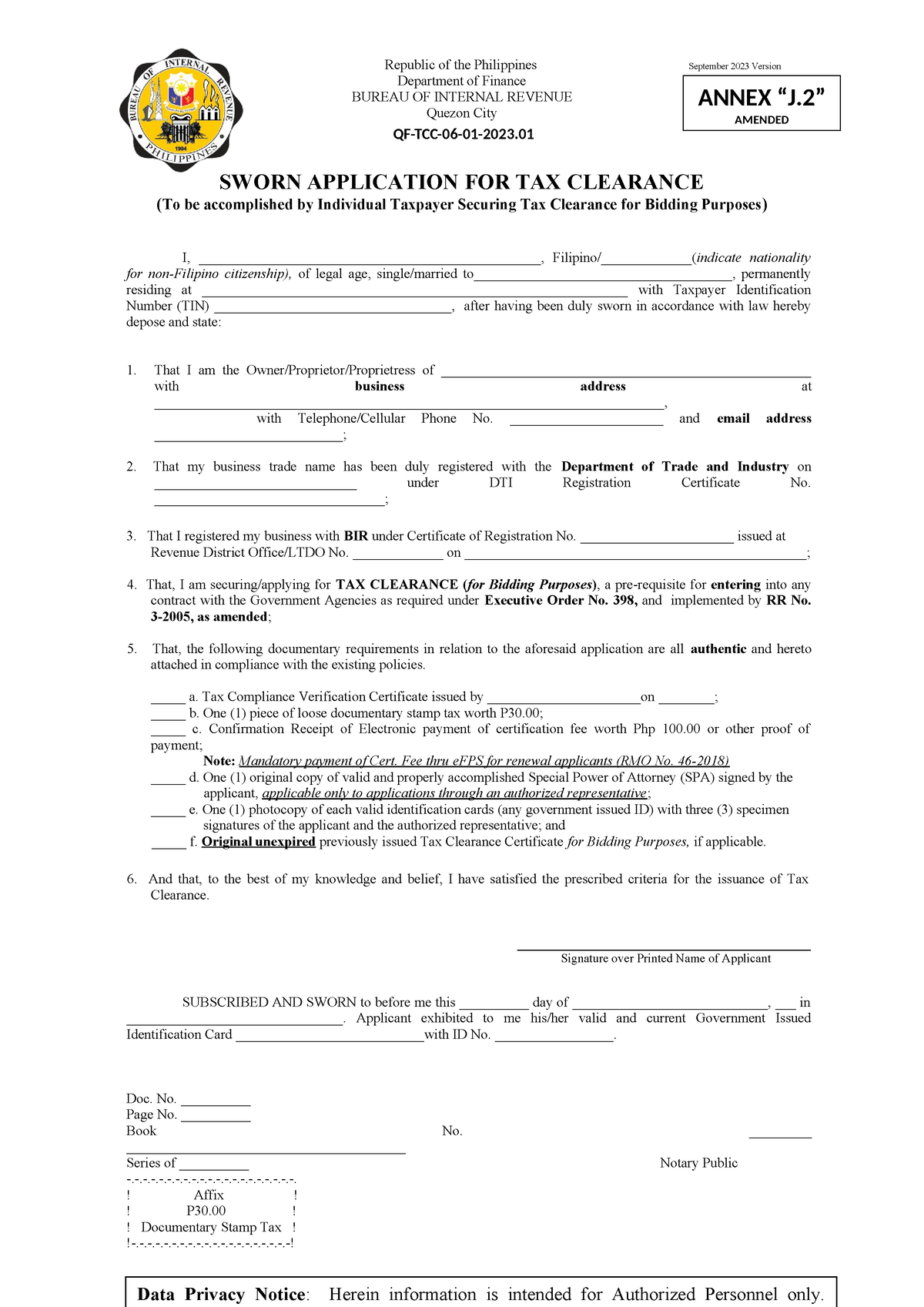 Sworn Application FOR TAX Clearance FOR Bidding Purposes Individual ...