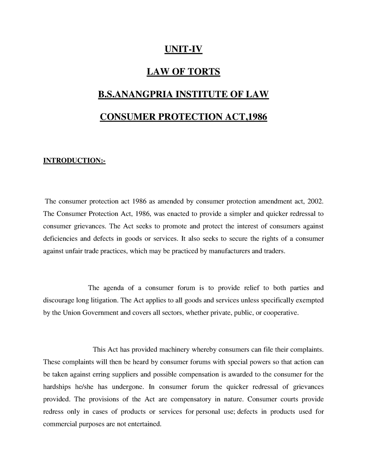 UNIT- 4th - Notes - UNIT-IV LAW OF TORTS B.S INSTITUTE OF LAW CONSUMER ...