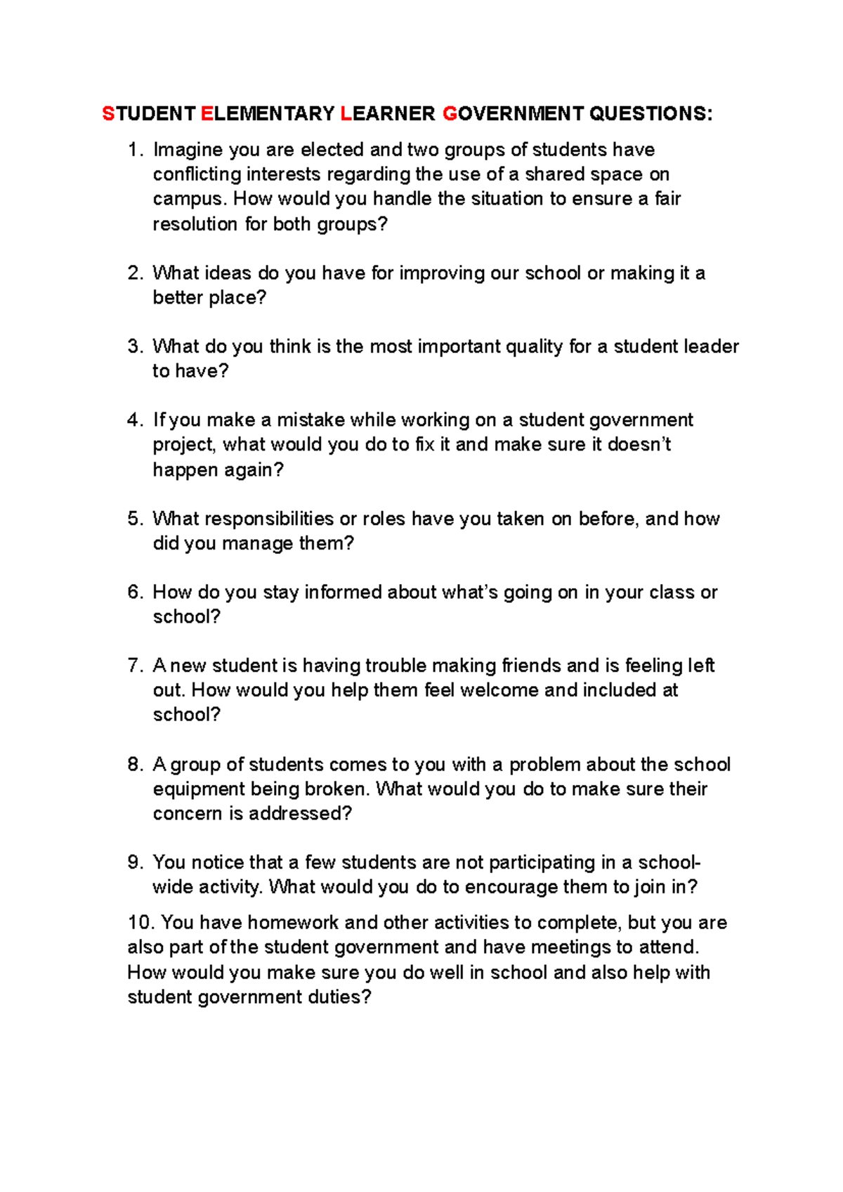 Student Elementary Learner Government Questions - STUDENT ELEMENTARY ...
