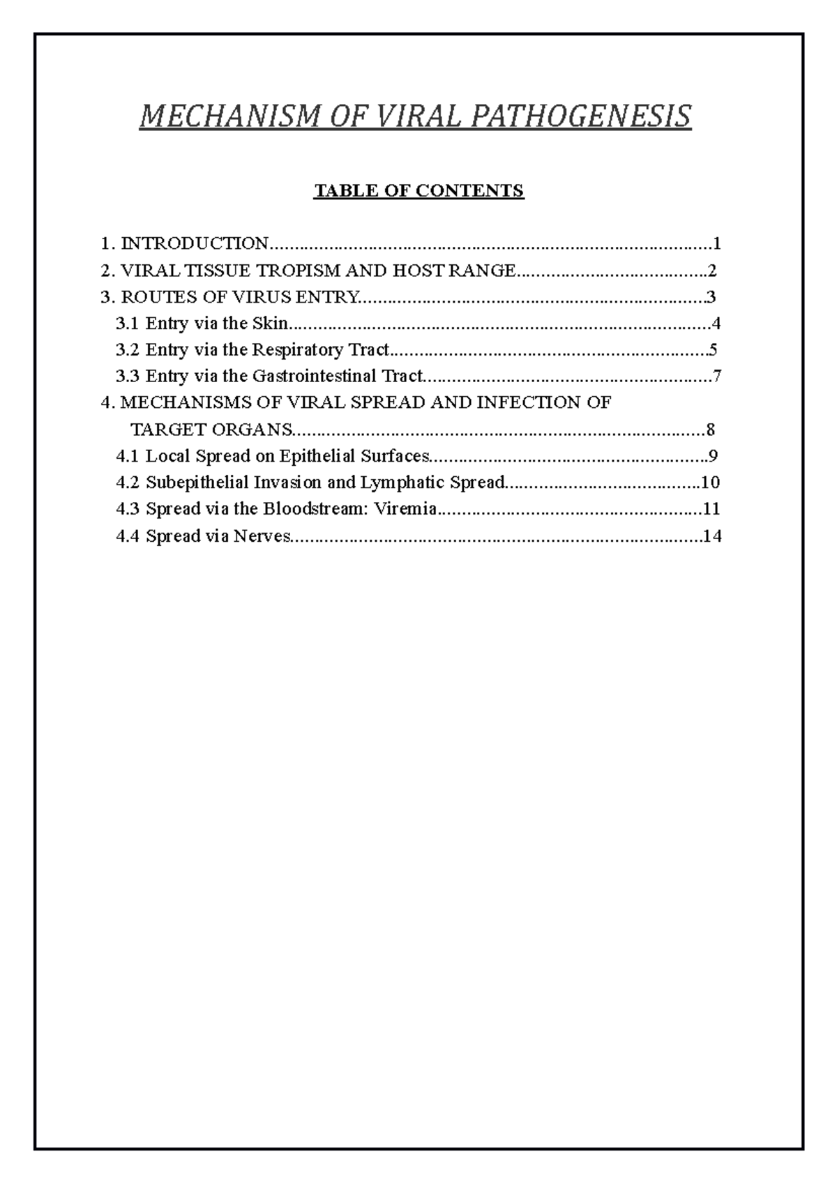 Mechanism OF Viral Pathogenesis - TABLE OF CONTENTS - Studocu
