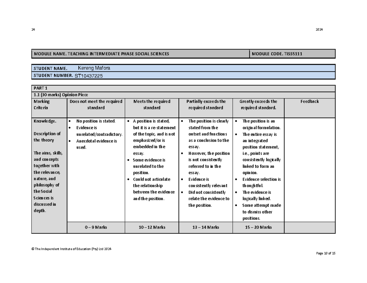 Tiss rubric - © The Independent Institute of Education (Pty) Ltd 2024 ...