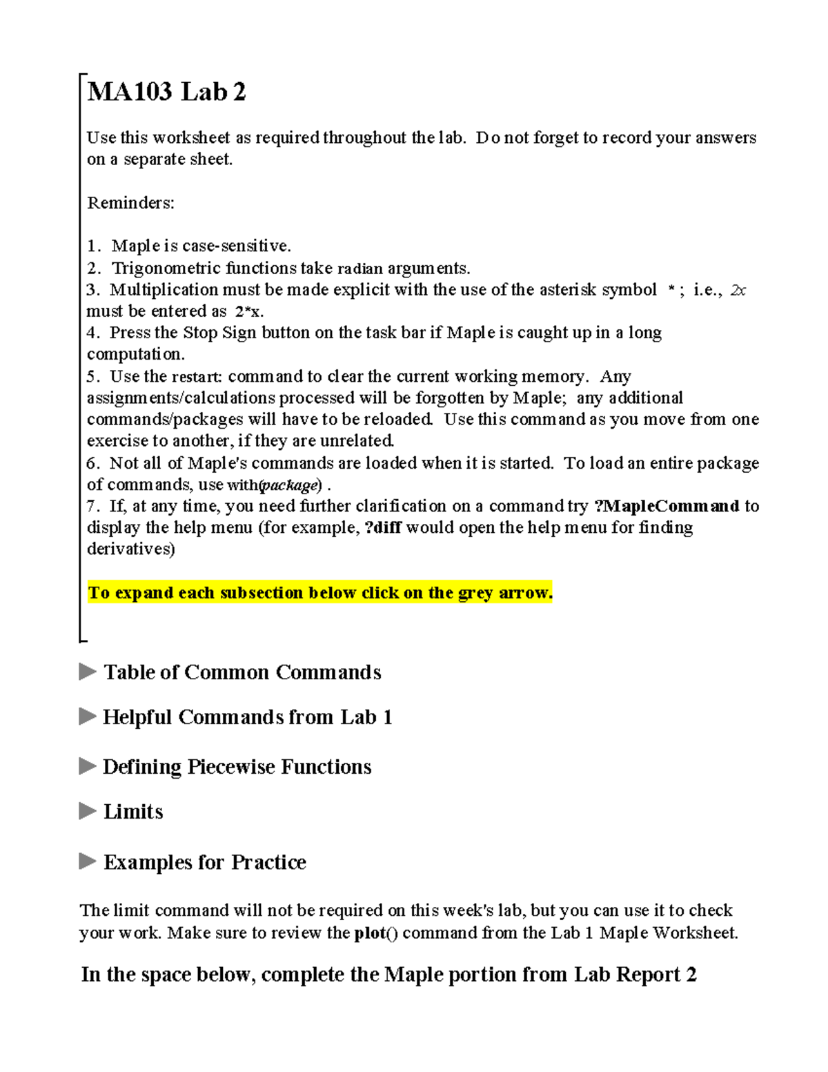 Lab 2 Maple Worksheet Solutions - MA103 Lab 2 Use this worksheet as ...