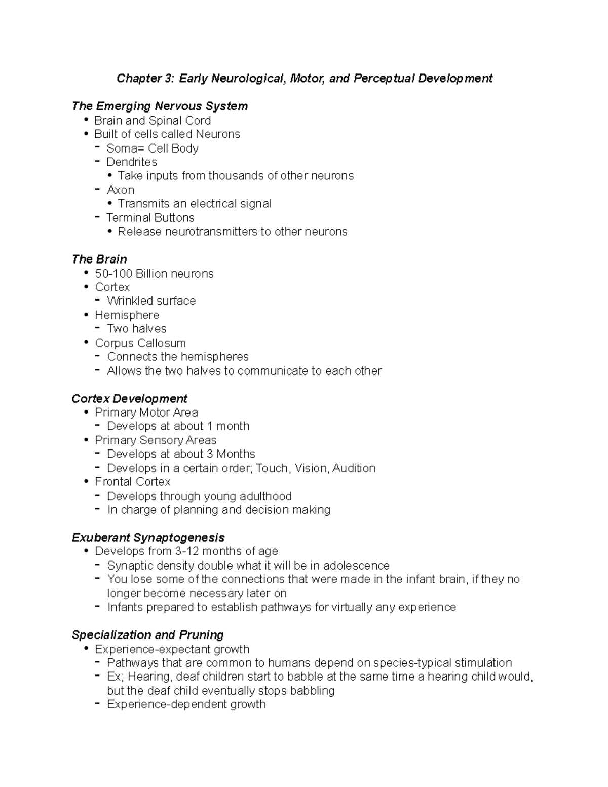 Chapter 3 Lecture Notes - Chapter 3: Early Neurological, Motor, and ...
