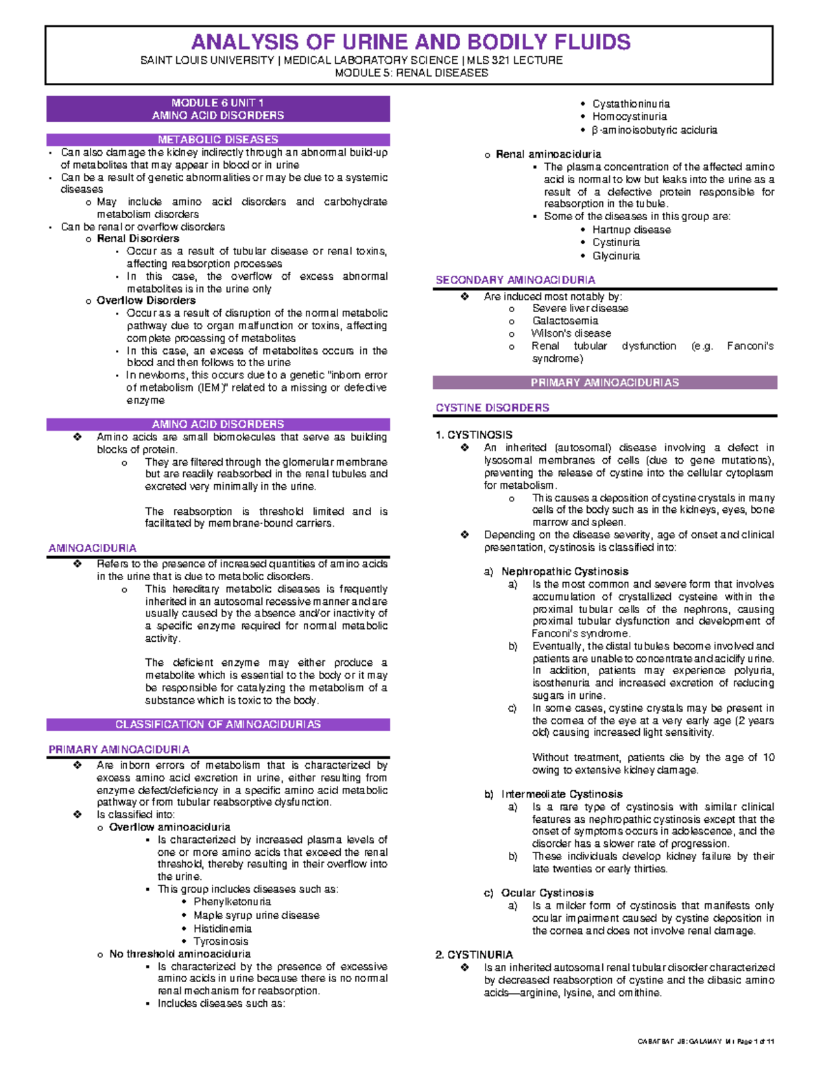 AUBF Module 6 - Trans Notes - ANALYSIS OF URINE AND BODILY FLUIDS SAINT ...