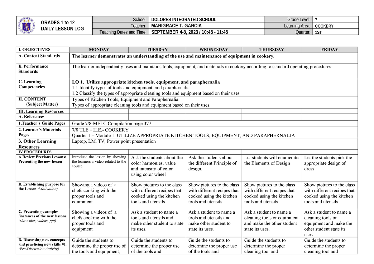 Week 2 cookery DLL - GRADES 1 to 12 DAILY LESSON LOG School: DOLORES ...