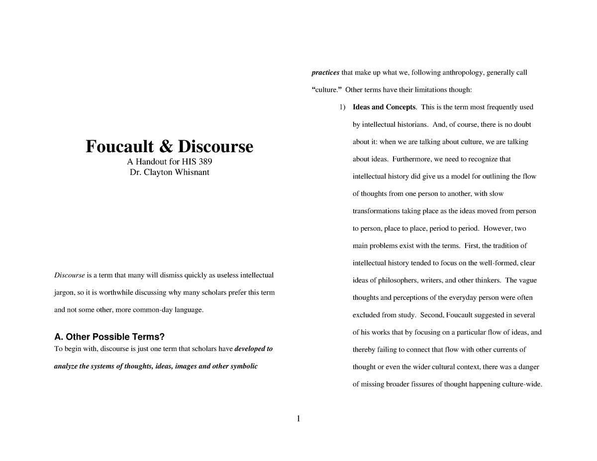 1588457943-foucault-discourse - Foucault & Discourse A Handout for HIS  389 Dr. Clayton Whisnant - Studocu