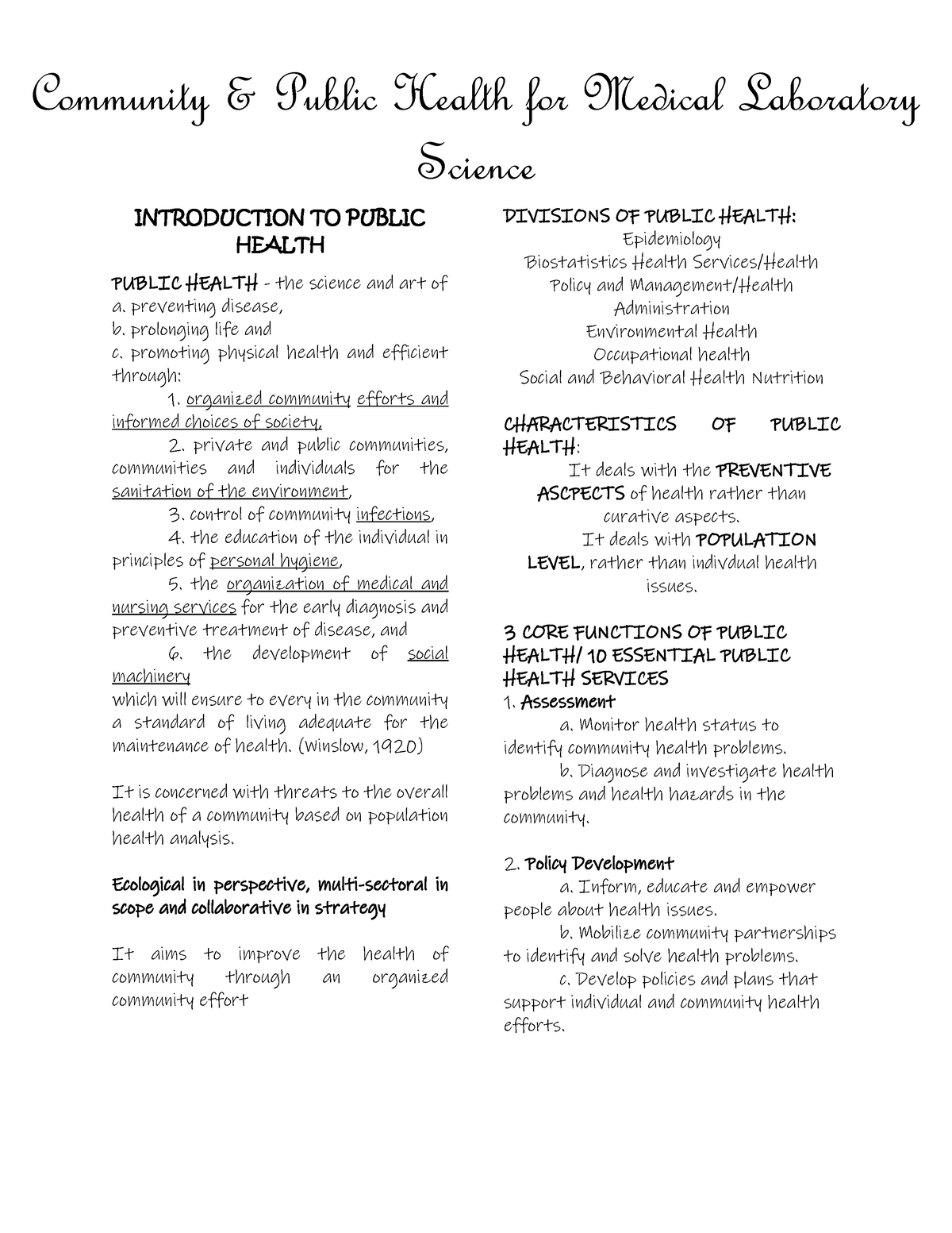 1CPH M Notes INTRODUCTION TO PUBLIC HEALTH PUBLIC HEALTH the