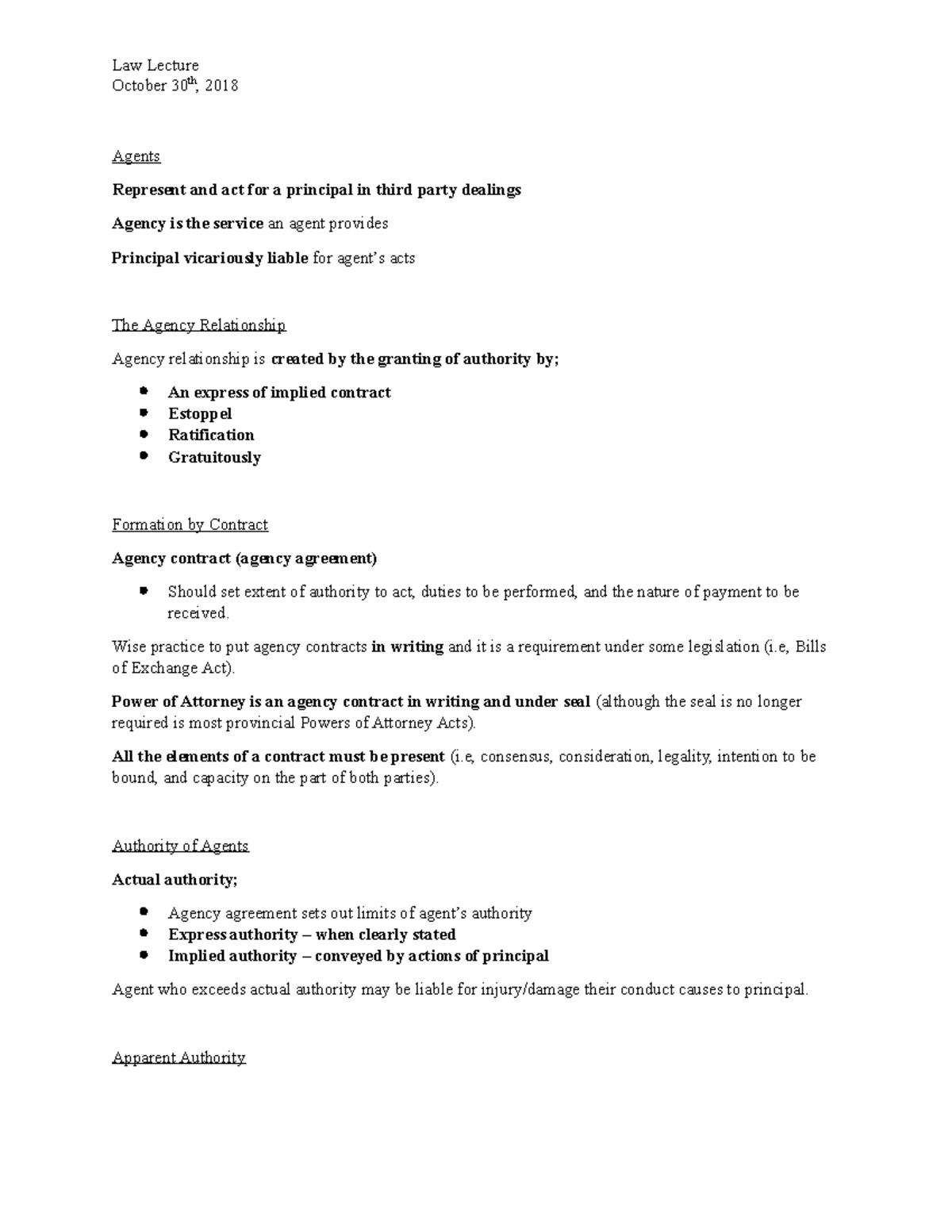 LAW Lecture October 30 - October 30th, 2018 Agents Represent and act ...