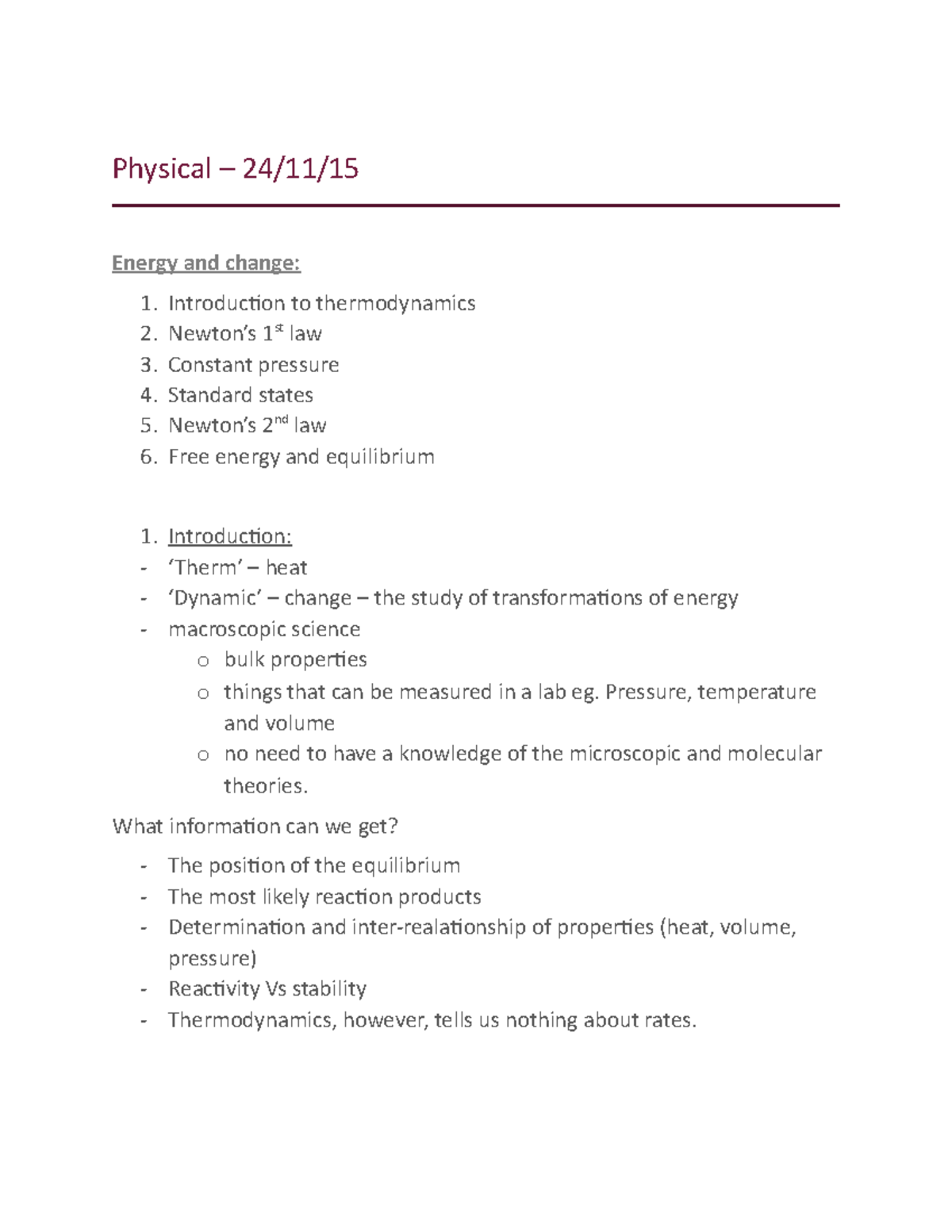 Physical – lecture 1 - Physical – 24/11/15 Energy and change: 1. 2. 3 ...