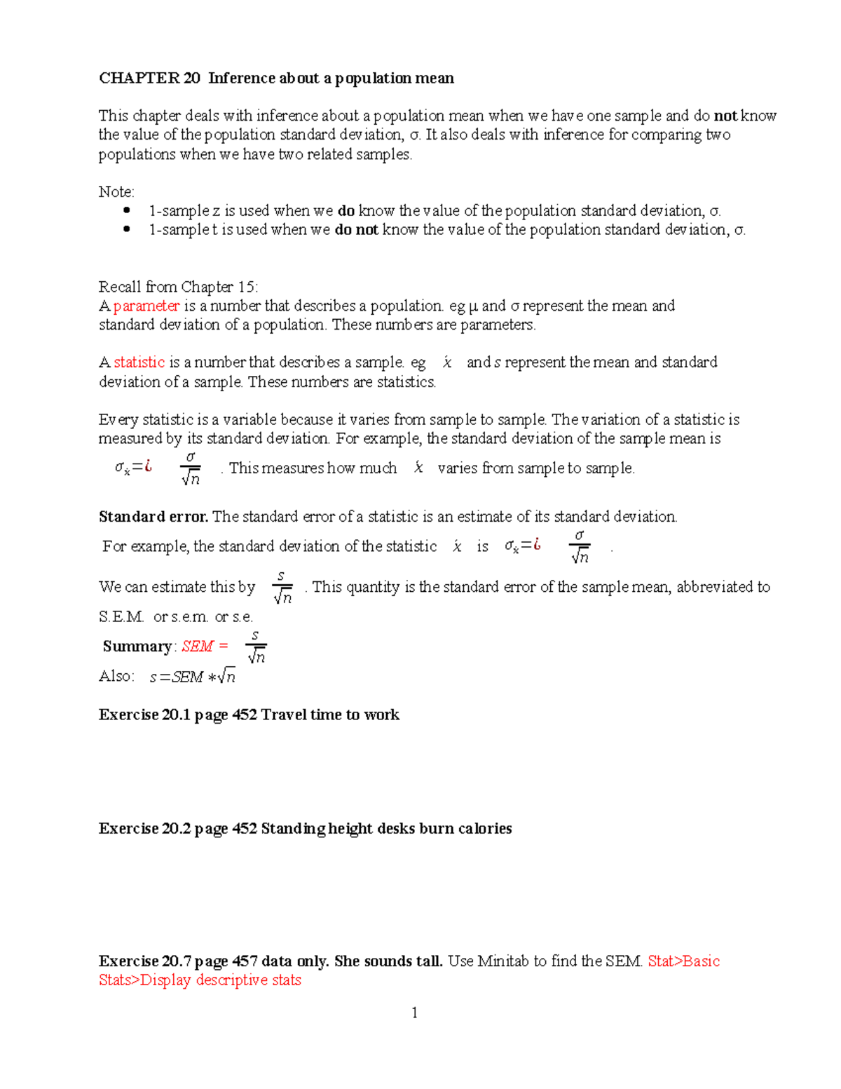 Stat 104 -Chapter 20 Notes - CHAPTER 20 Inference about a population ...