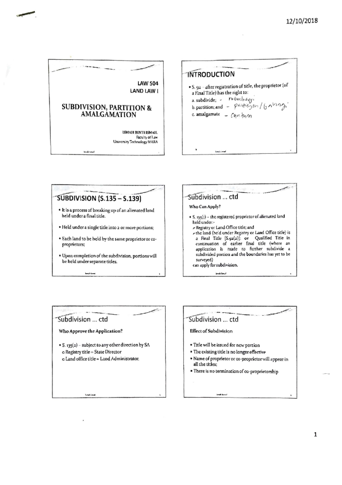 Subdivision, partition, amalgamation 12/10/2018 ·LAW 504 LAND LAW I