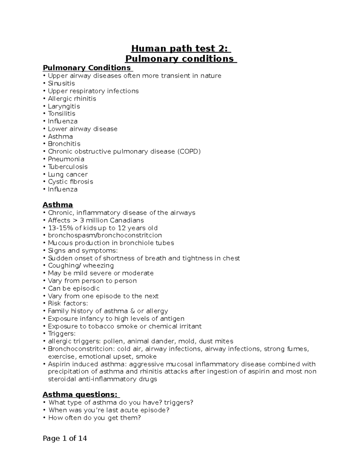 Human path test 2 - lecture notes - Human path test 2: Pulmonary ...