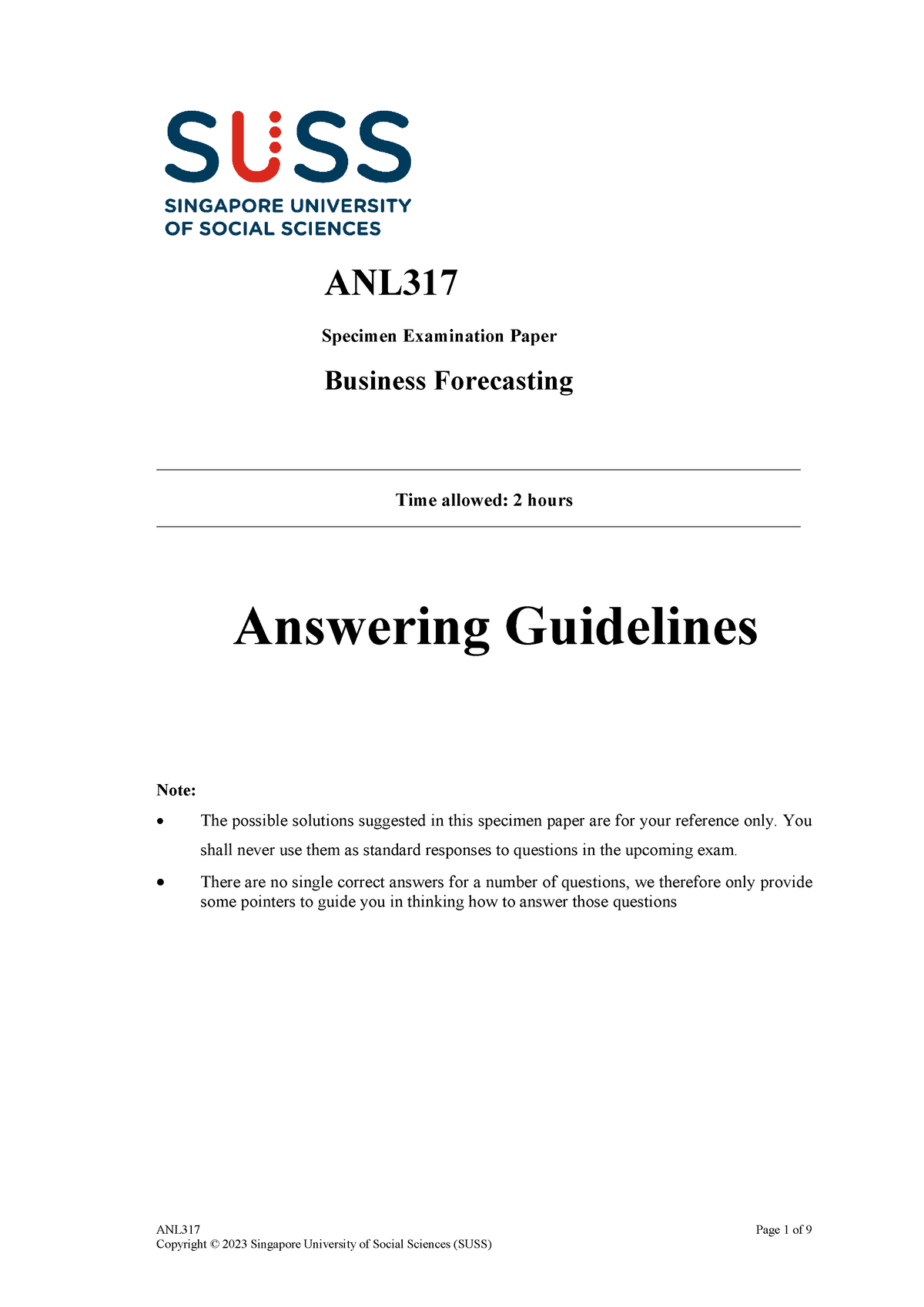 ANL317 Specimen Exam Paper Solutions Jan2023 - ANL317 Page 1 Of 9 ANL ...