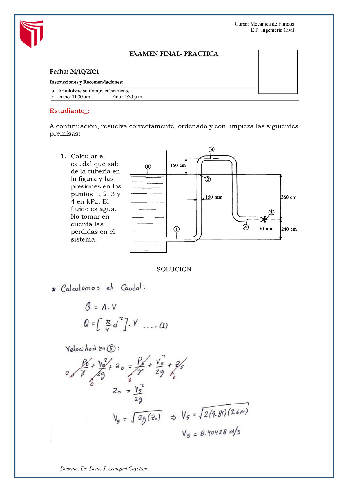 Examen Final De Mecánica De Fluidos. - Mecánica De Fluídos - UNASAM ...