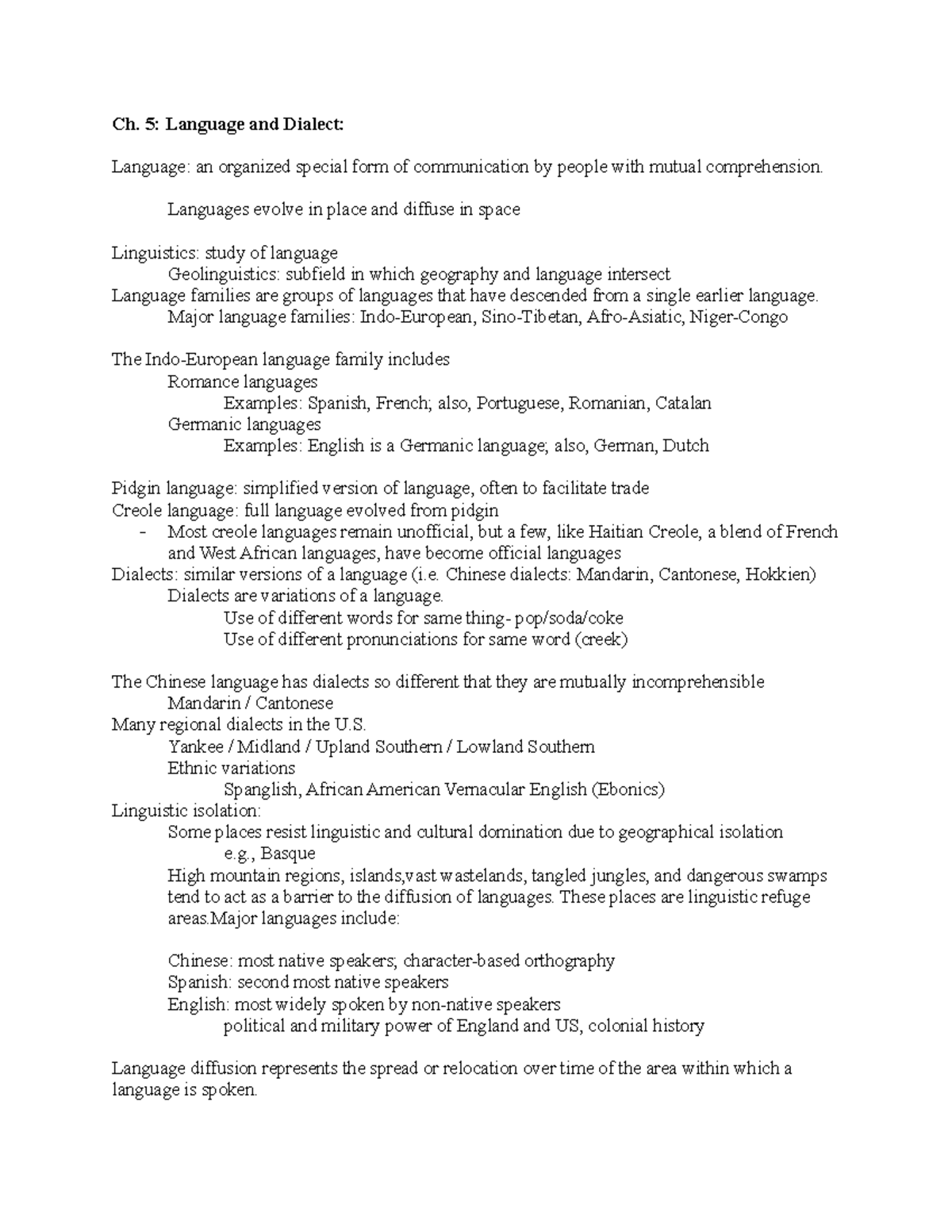 Revision notes Chapters (5-8) - Ch. 5: Language and Dialect: Language ...