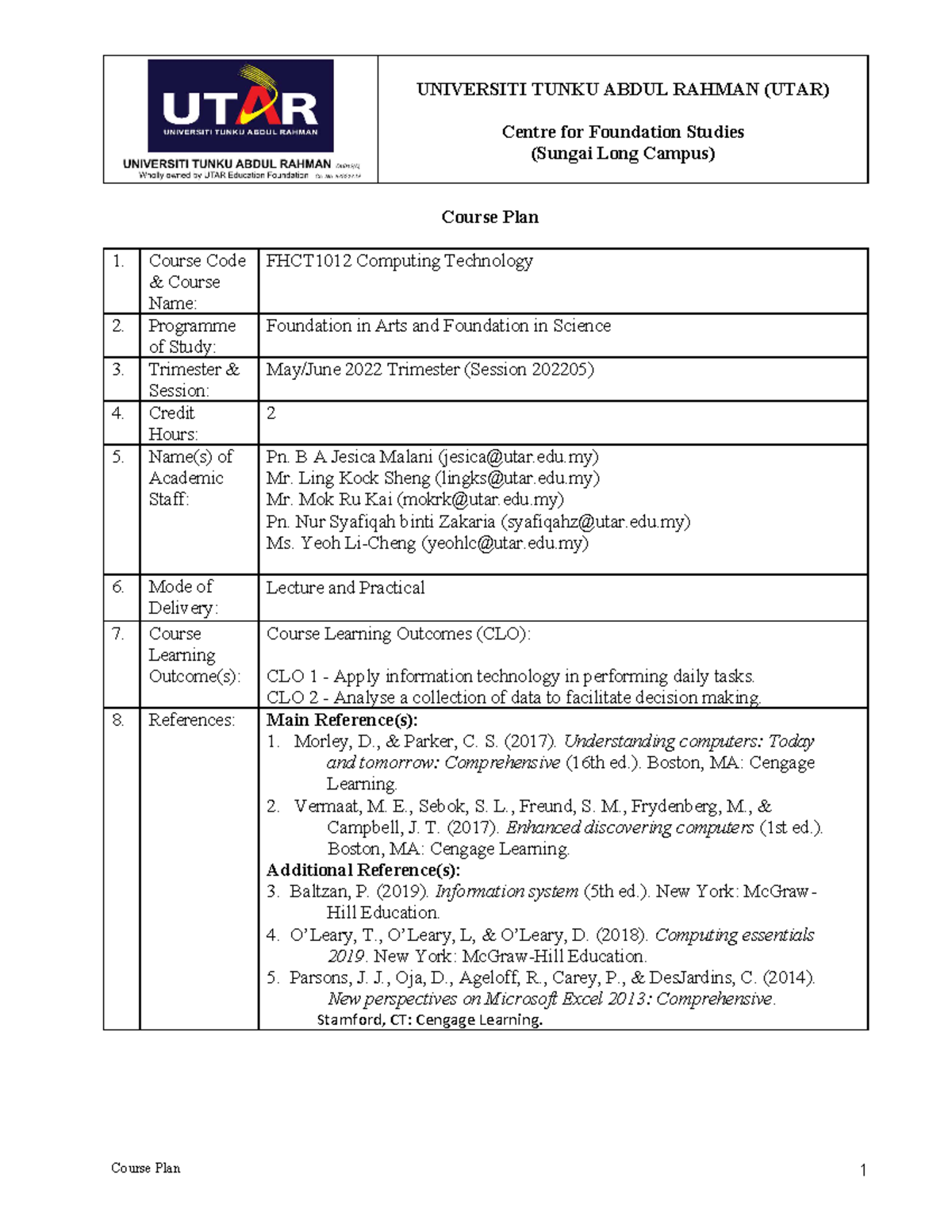 202205 FHCT1012 CT Course Plan s - UNIVERSITI TUNKU ABDUL RAHMAN (UTAR ...