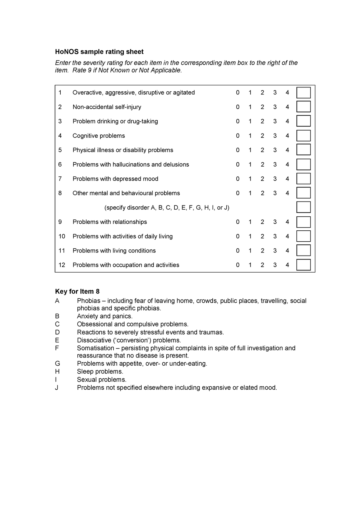 Honos Sample Rating Sheet HoNOS Sample Rating Sheet Enter The