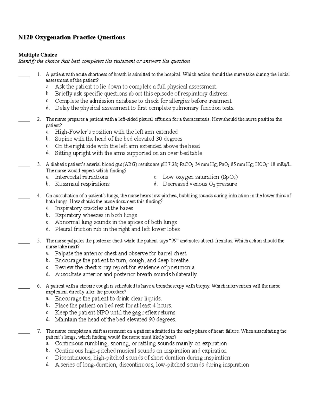 N120 Oxygenation Practice Questions And Answers Copy - N120 Oxygenation ...