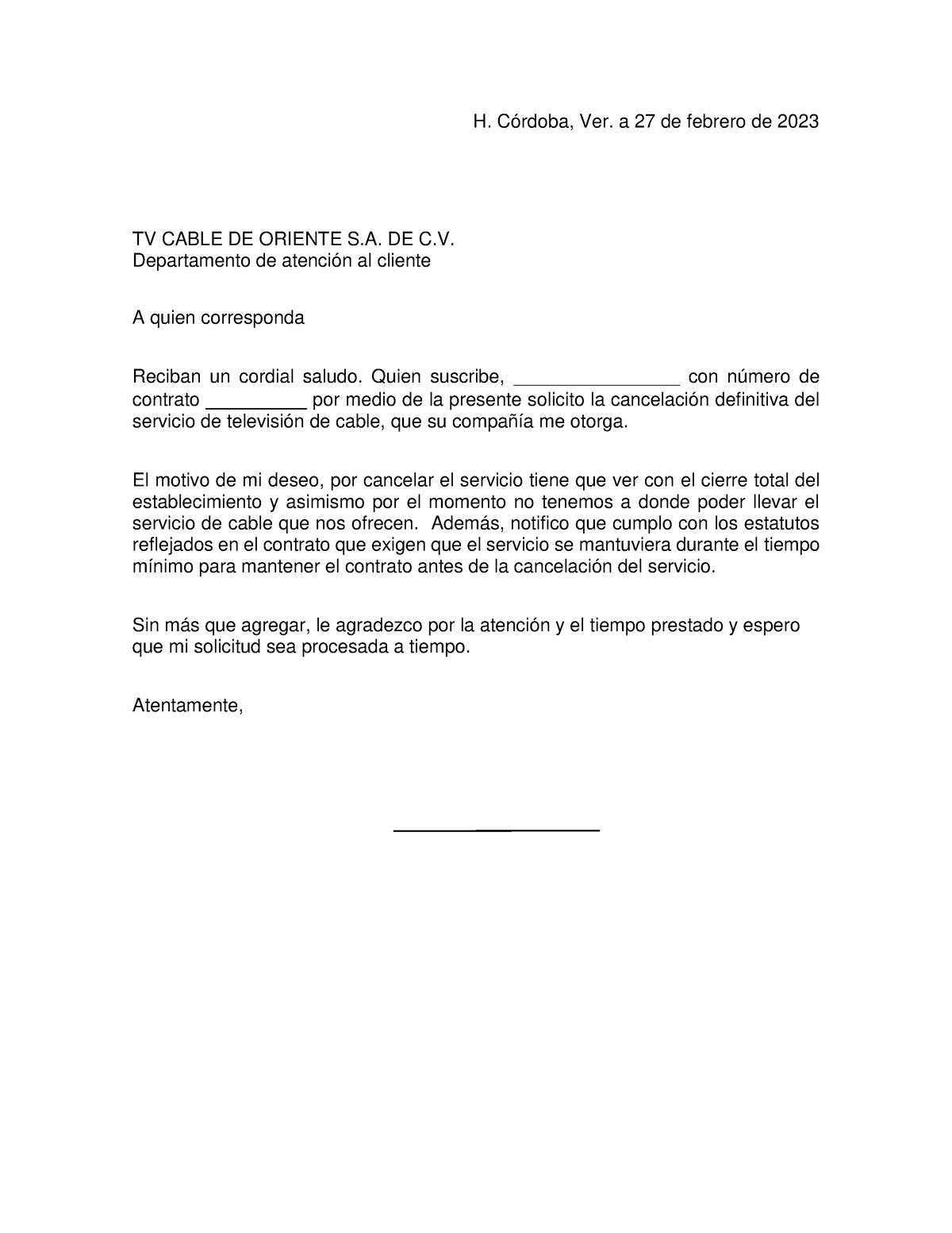 Carta Cancelacion - ffff - Derecho Administrativo - UV - Studocu