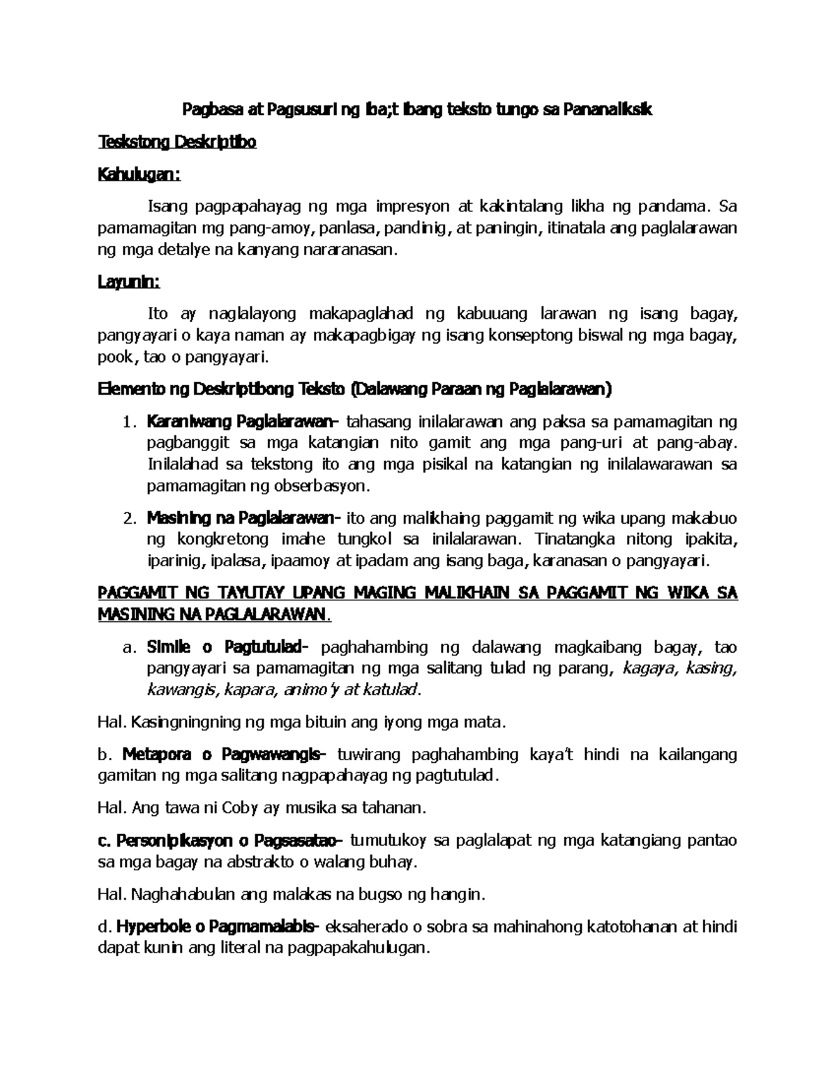 Deskriptiv - Pagbasa at Pagsuri ng iba't ibang teksto tungo sa ...