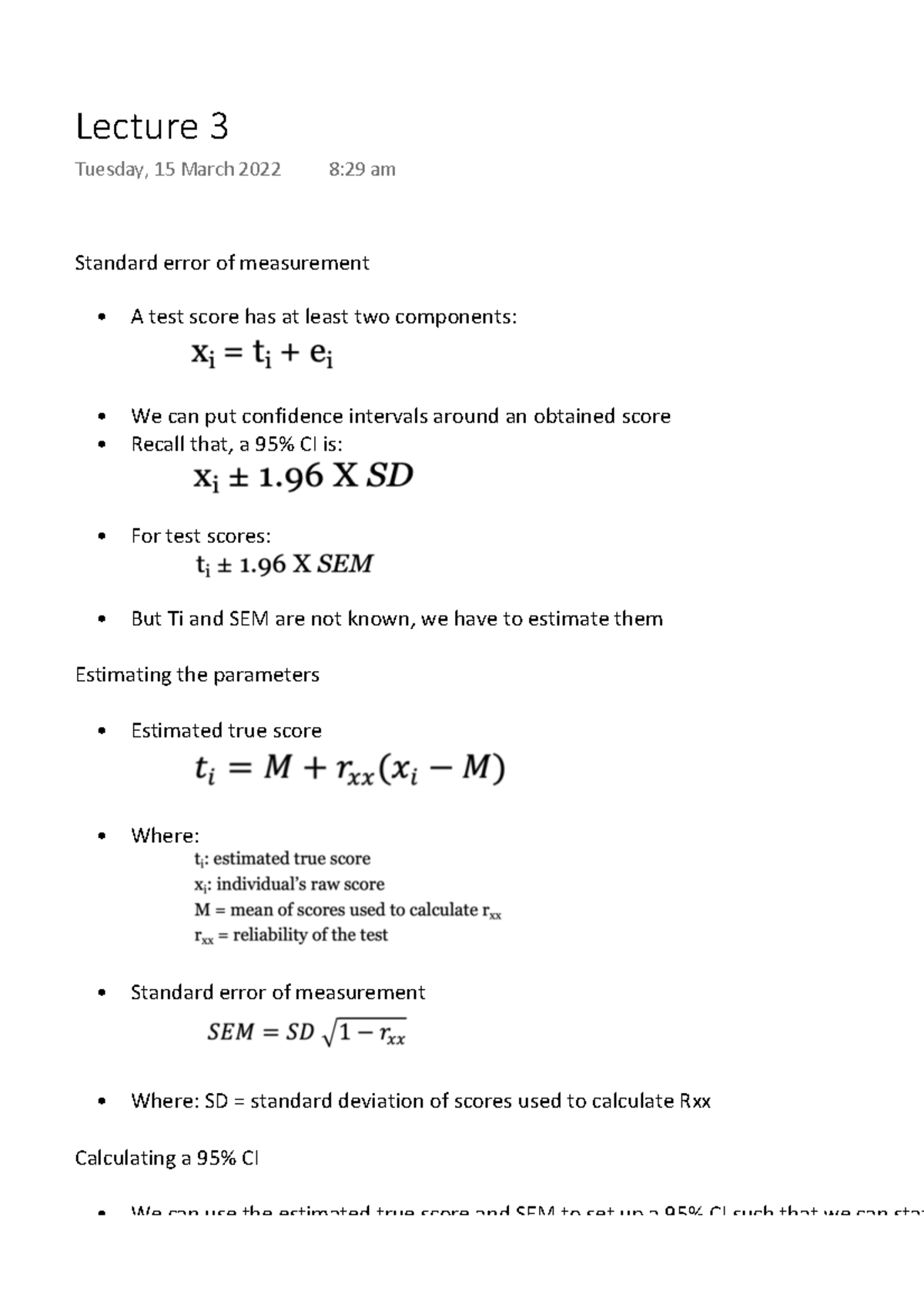 Lecture 3 PSYU3332 Standard Error Of Measurement A Test Score Has 