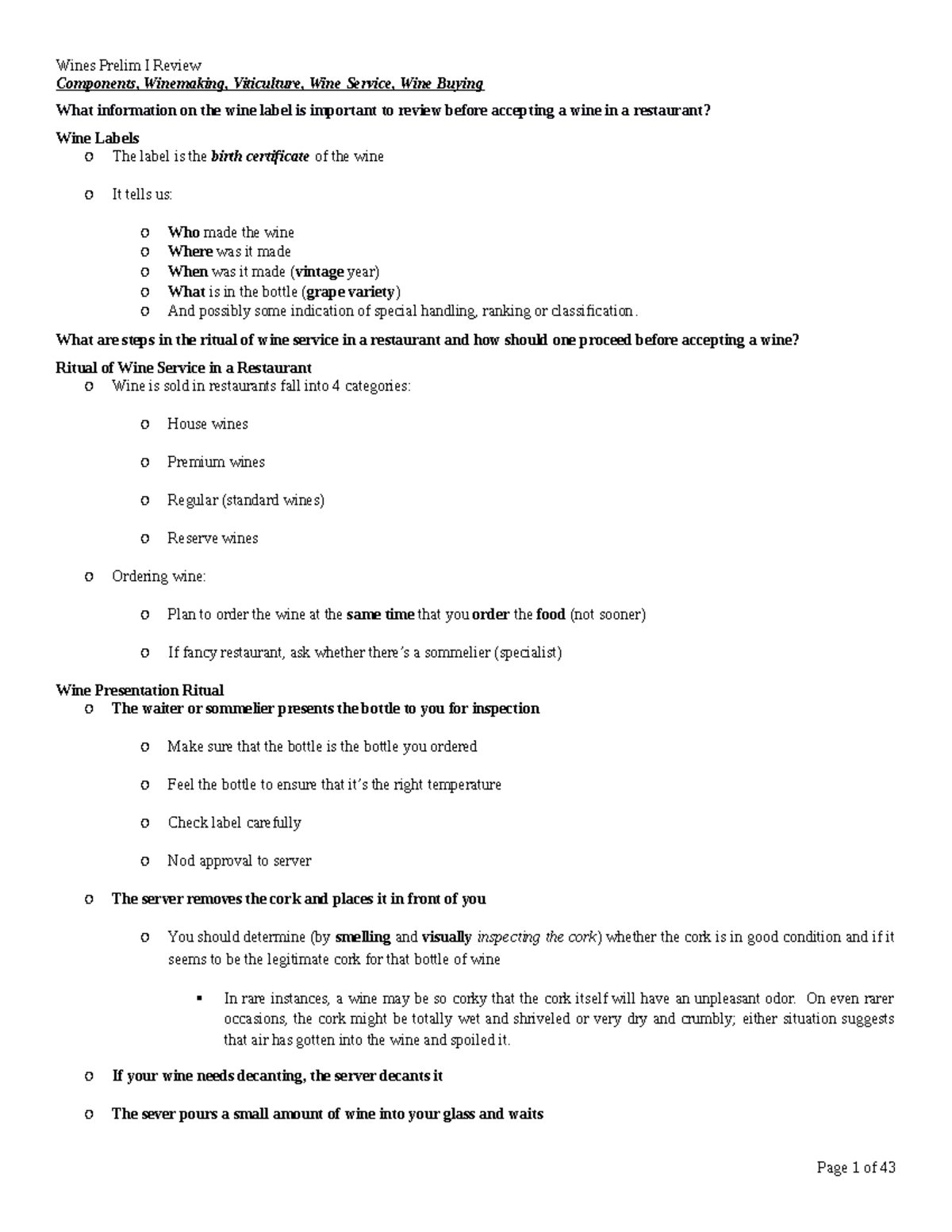 Wines P1 study guide HADM 4300 Cornell Studocu