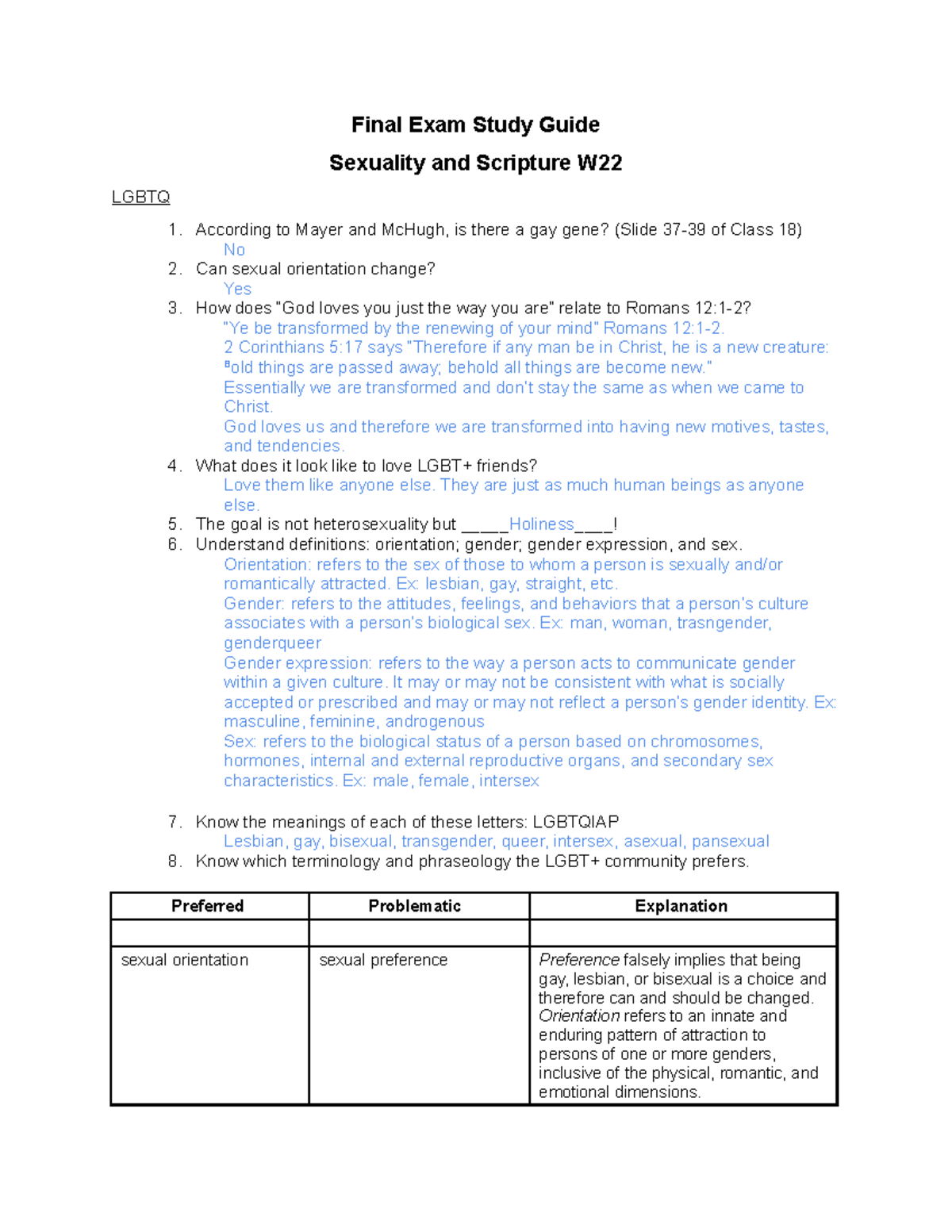 Final study guide - sexuality and scripture - Final Exam Study Guide ...