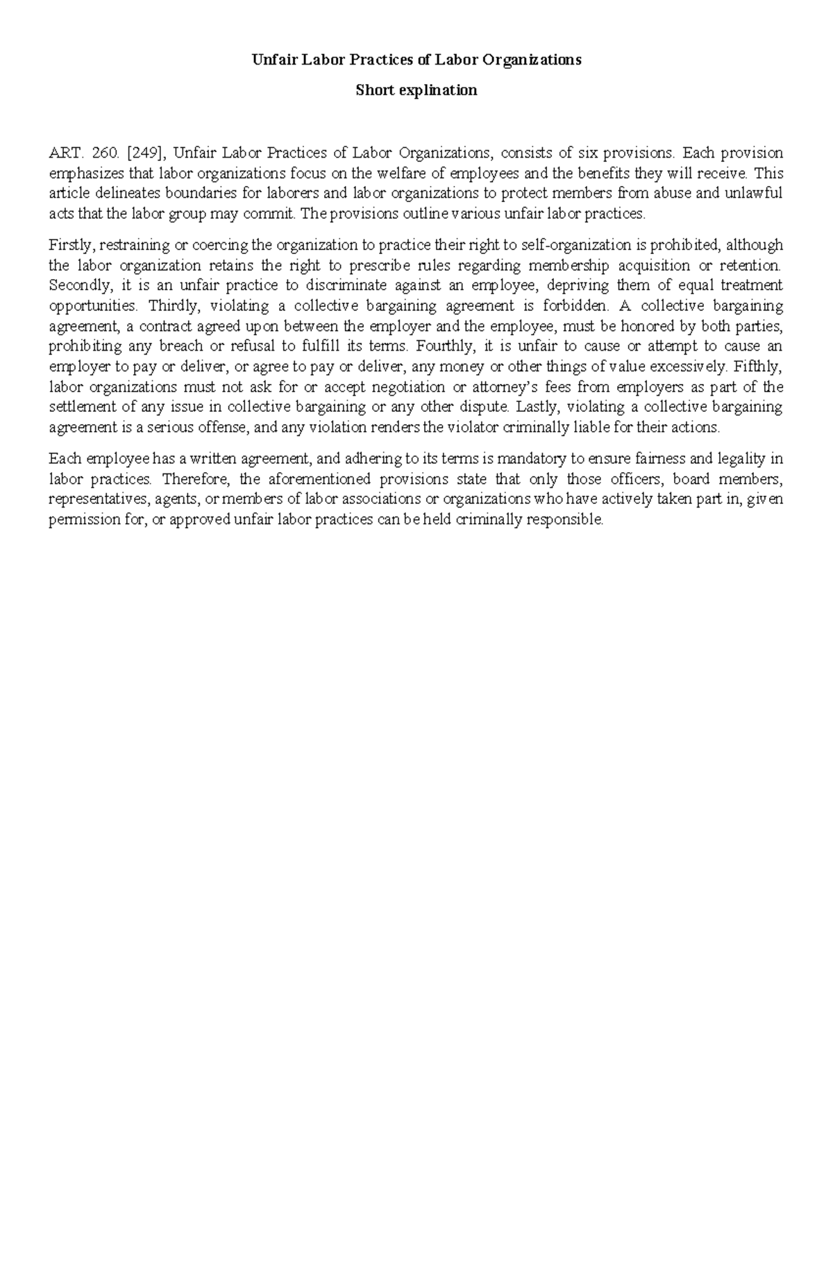 Short explination of unfair labor code(labor code of the ph) - Unfair ...