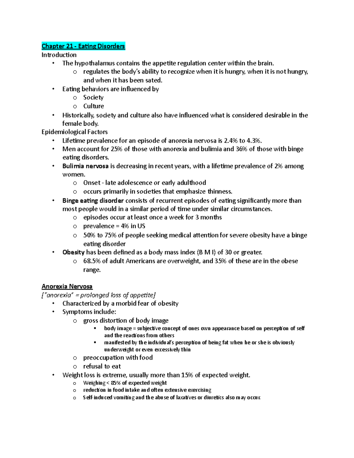 21 eating disorders - Psych notes - Chapter 21 - Eating Disorders ...