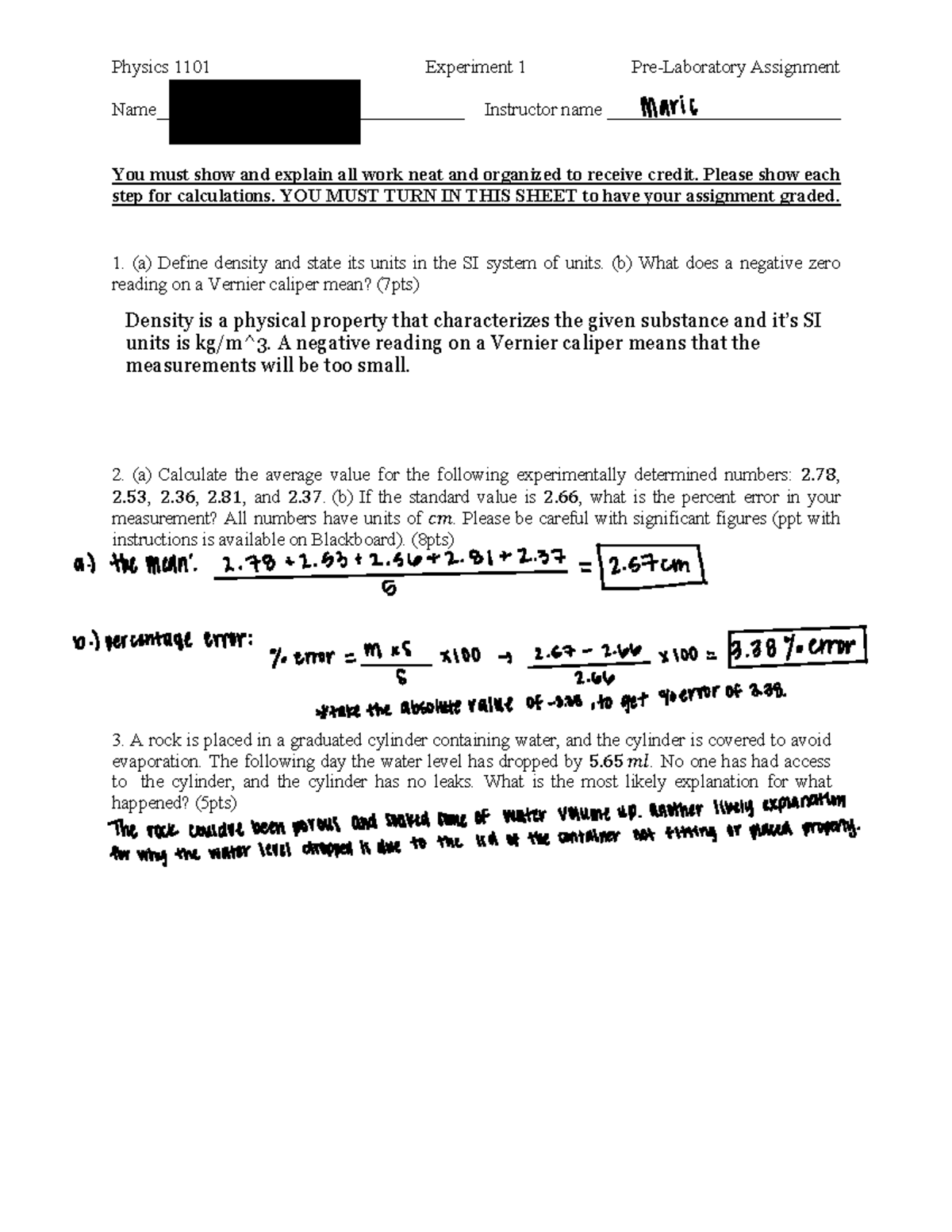 1101 Exp1 Pre Laboratory Assignment Physics 1101 Experiment 1 Pre 
