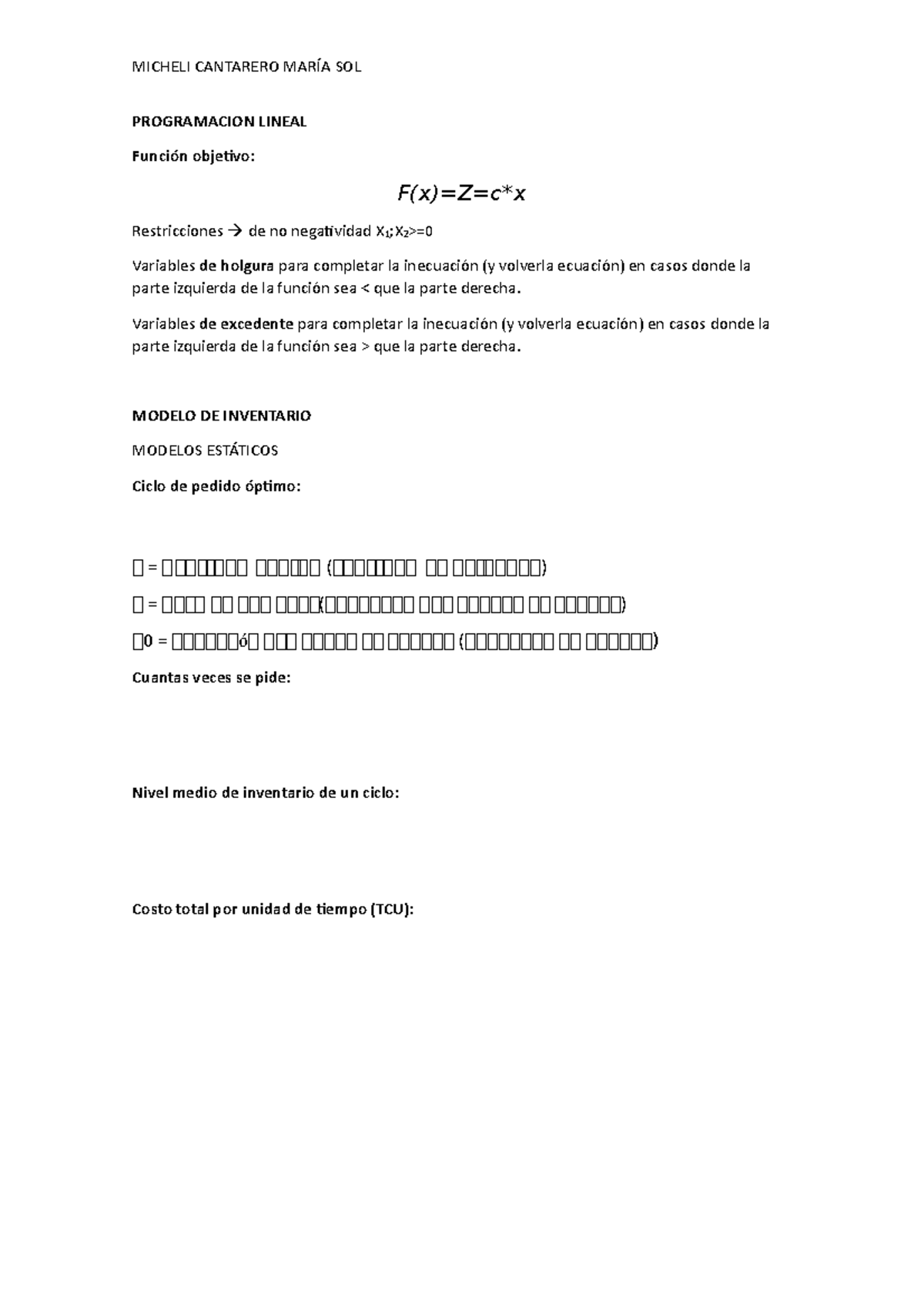 Formulas 1er Parcial Programacion Lineal Función Objetivo F X Z C X Restricciones De No