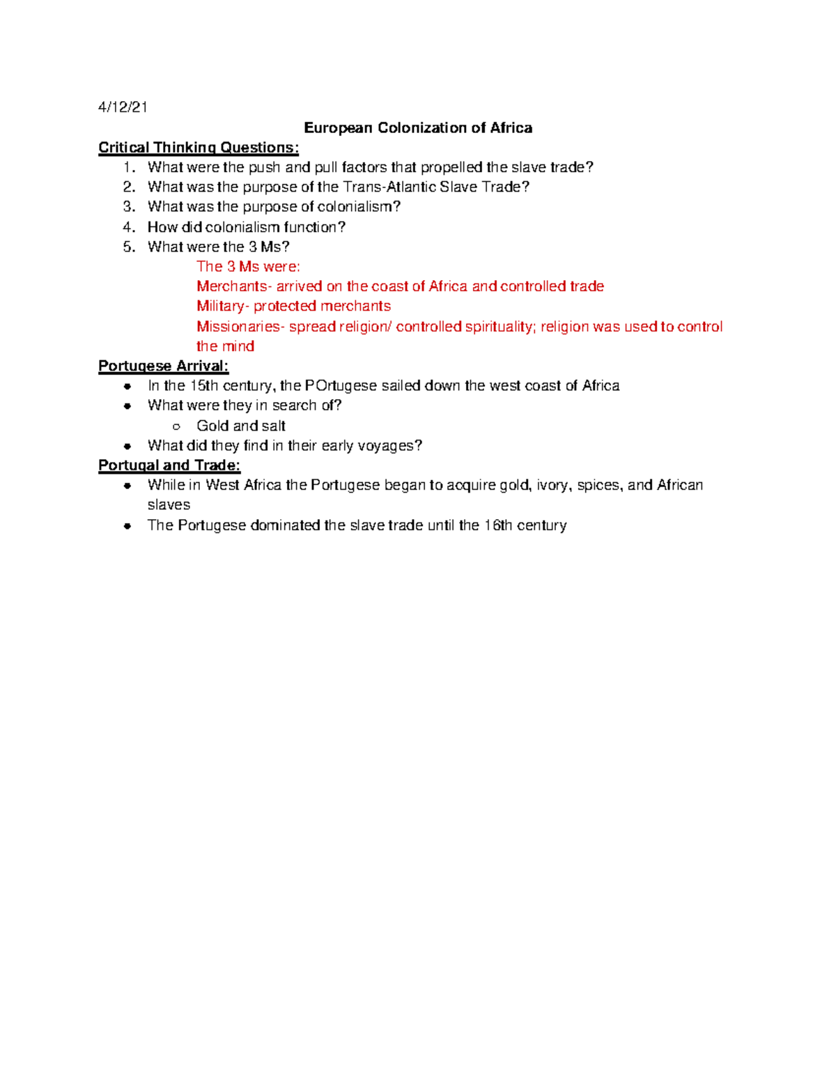 critical thinking activity africa and europe contact and the slave trade