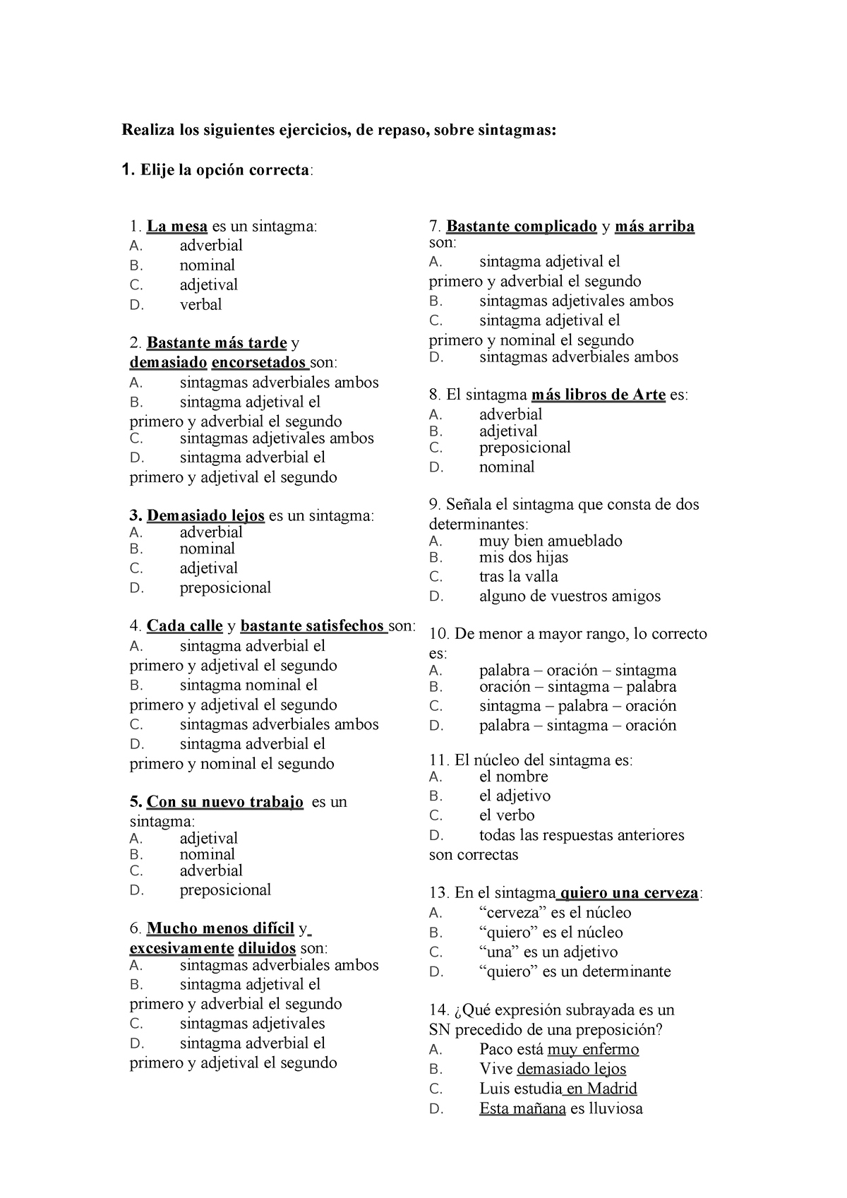 2ºESO Control Sintagmas - Realiza Los Siguientes Ejercicios, De Repaso ...