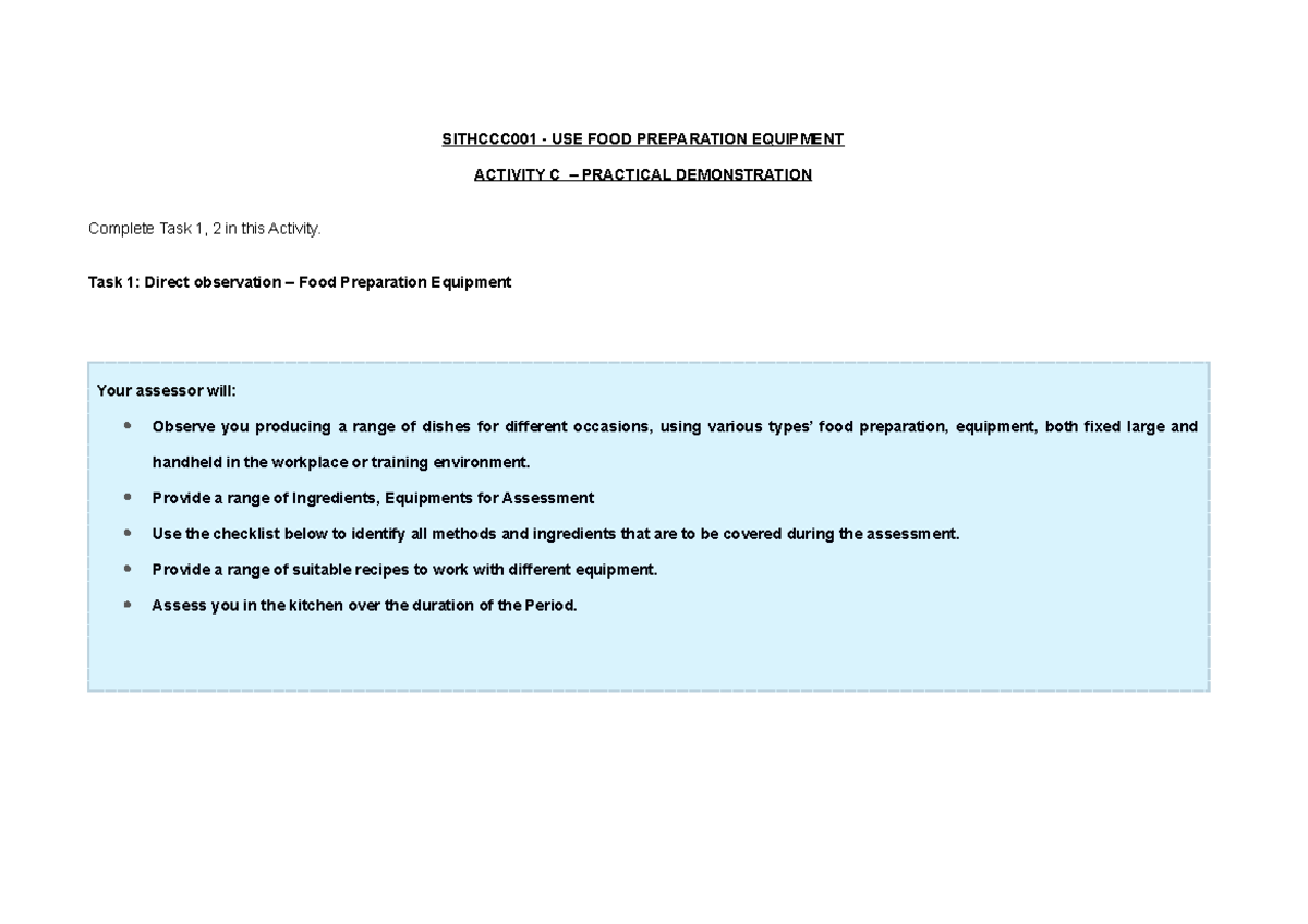 A2 Sithccc 001 Activity C Ver October 2019 SITHCCC001 USE FOOD