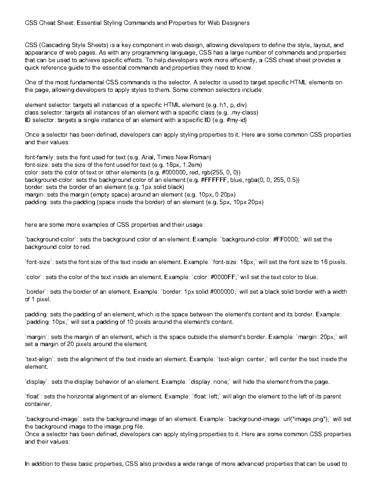 CSS Cheat Sheet Essential Styling Commands and Properties for Web ...