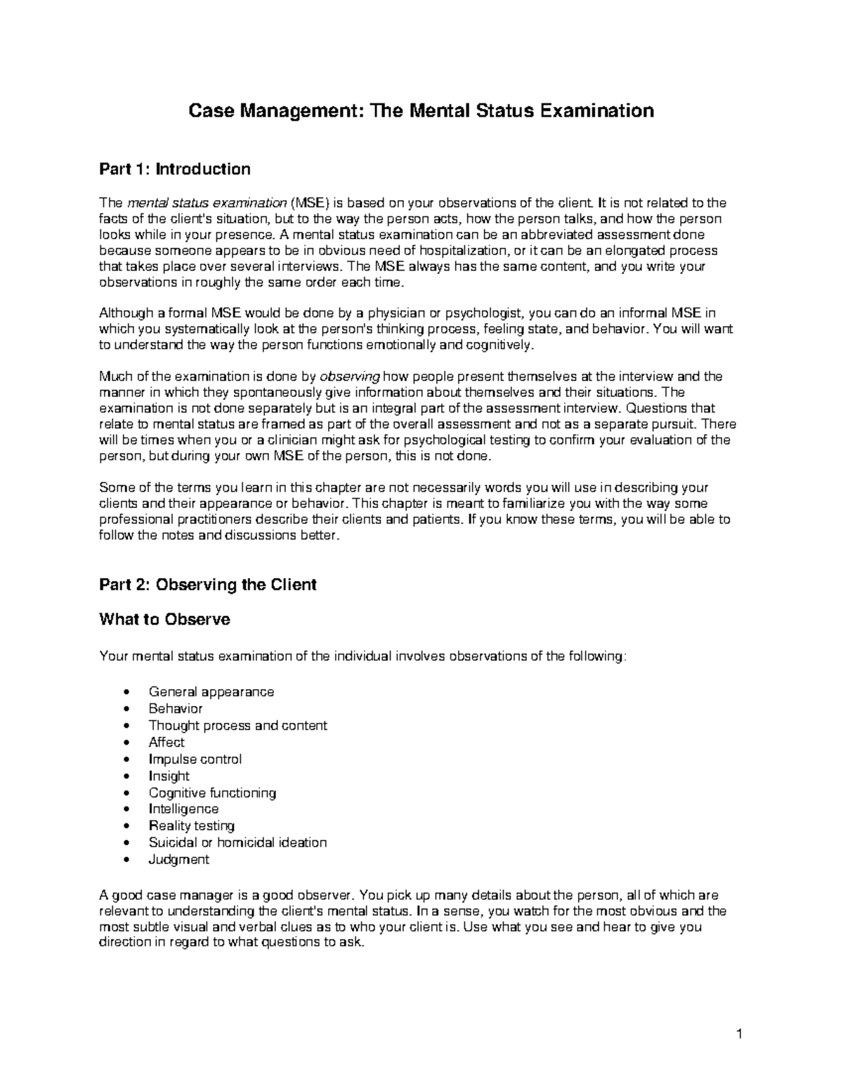 Mental status examination handout - Case Management: The Mental Status ...