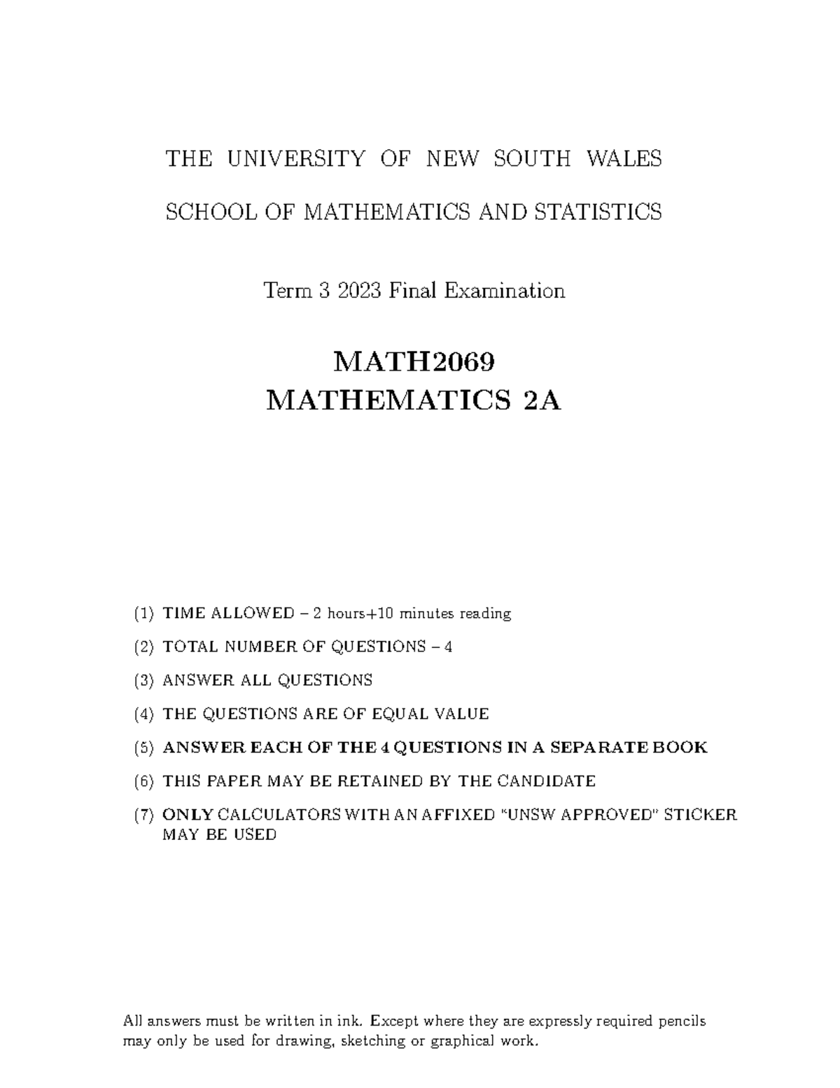 MATH2069-exam-2023 final v2 - THE UNIVERSITY OF NEW SOUTH WALES SCHOOL ...