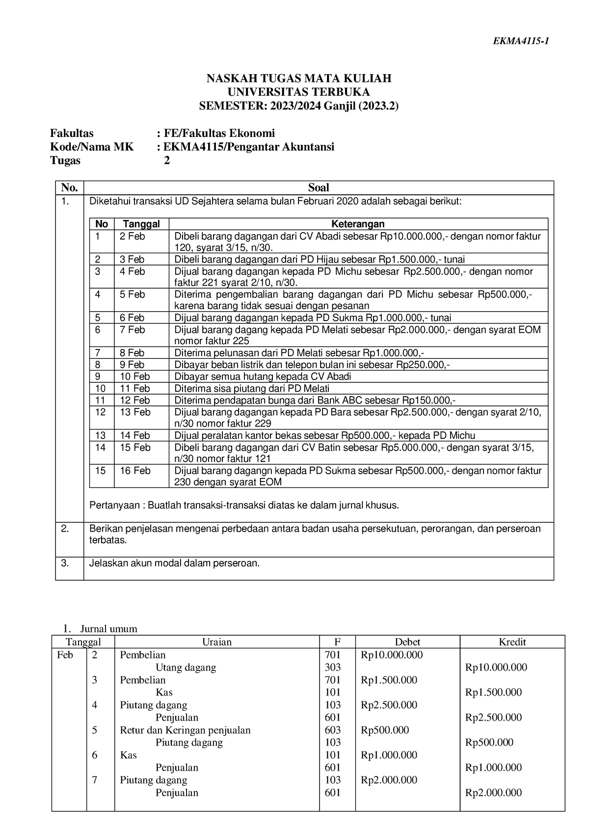 TMK 2 Pengantar Akuntansi - EKMA4115- 1 NASKAH TUGAS MATA KULIAH ...