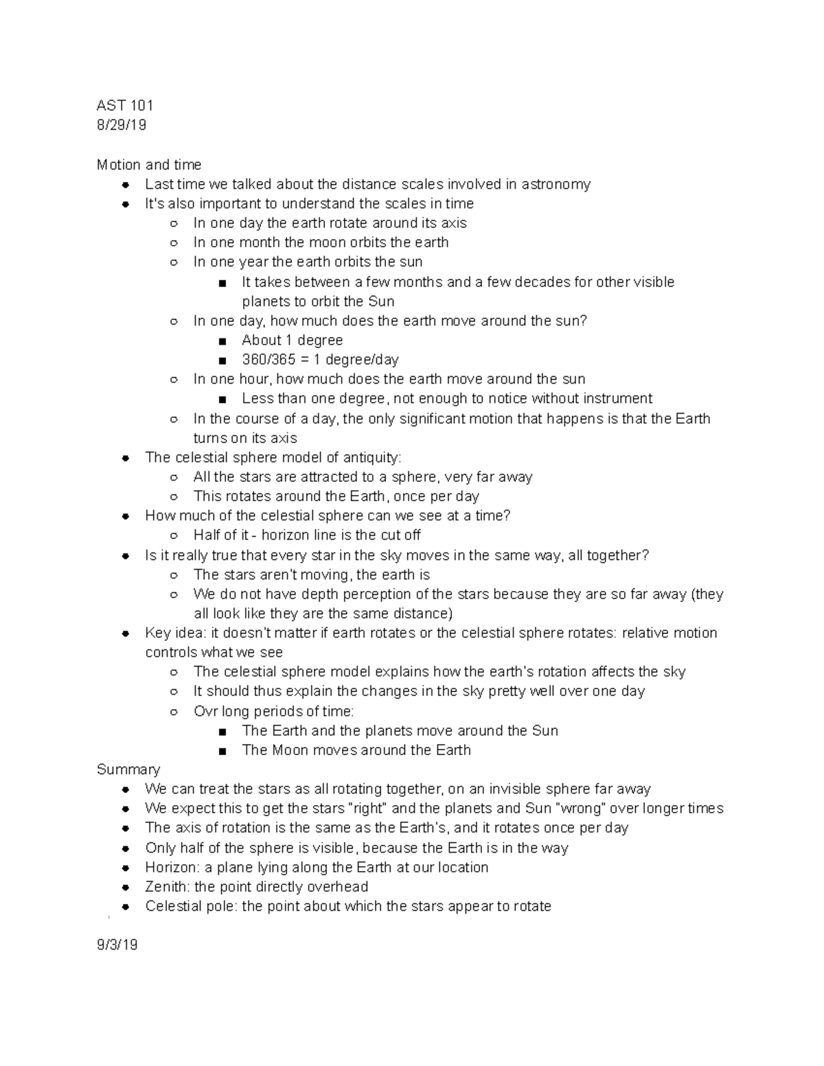 AST 101 - Freeman lecture notes - AST 101 8/29/ Motion and time Last ...