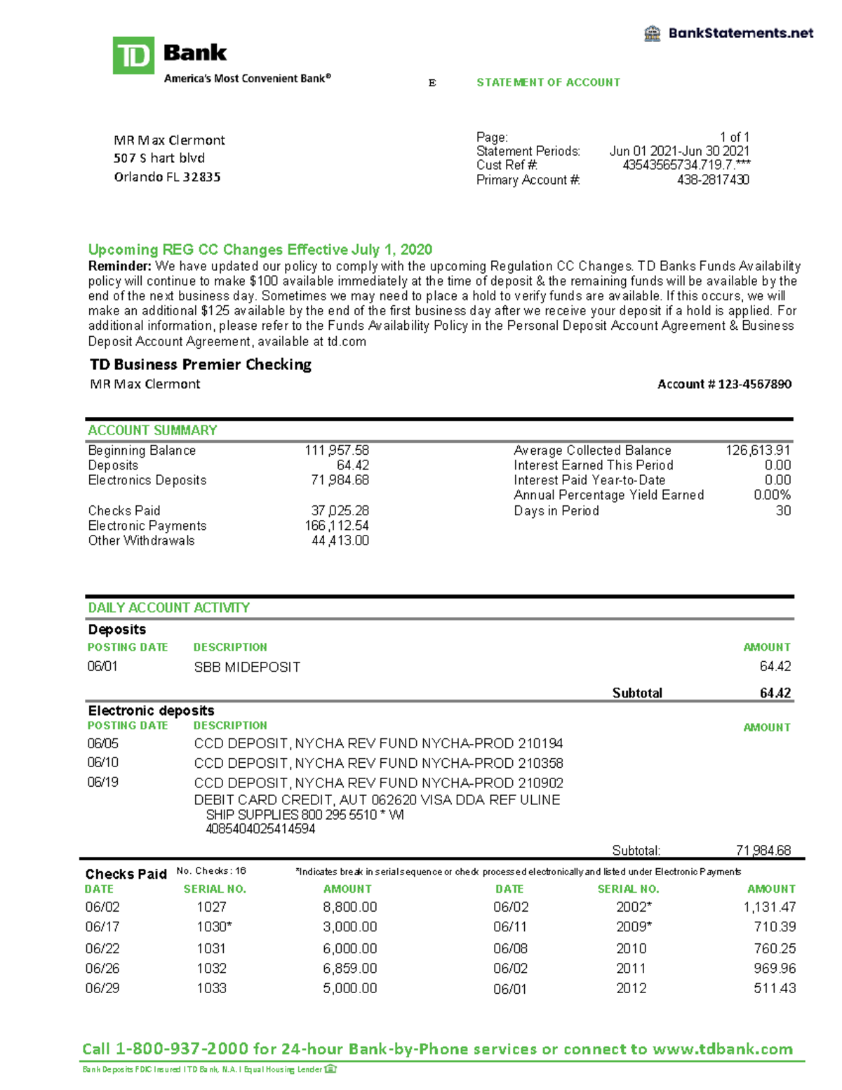 TD Bank Statement USA Bank Statements Call 1 800 937 2000 For 24 