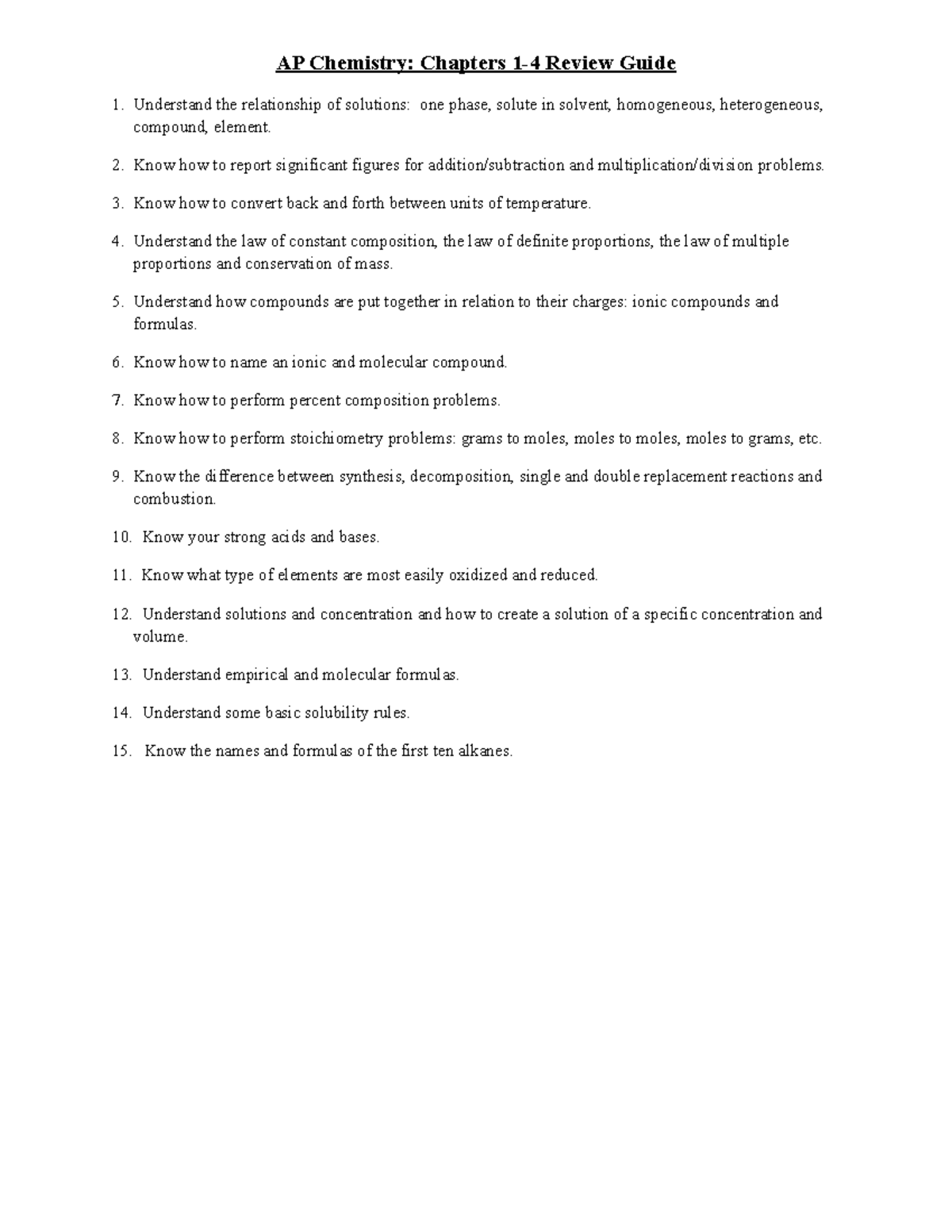 Chapter 1-4Reviewguide - AP Chemistry: Chapters 1-4 Review Guide ...