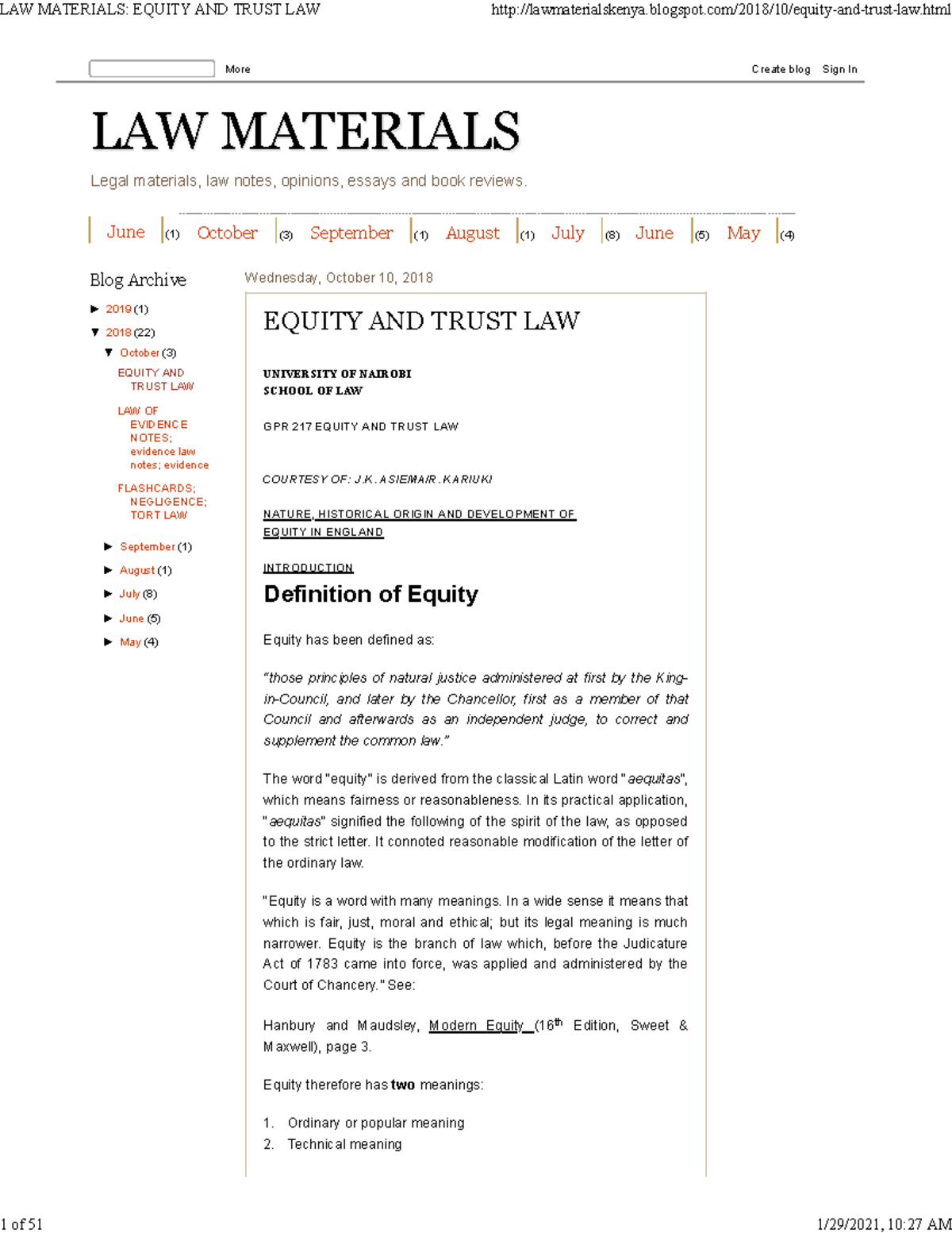 UON Law of Equity Very detailed Legal materials, law notes