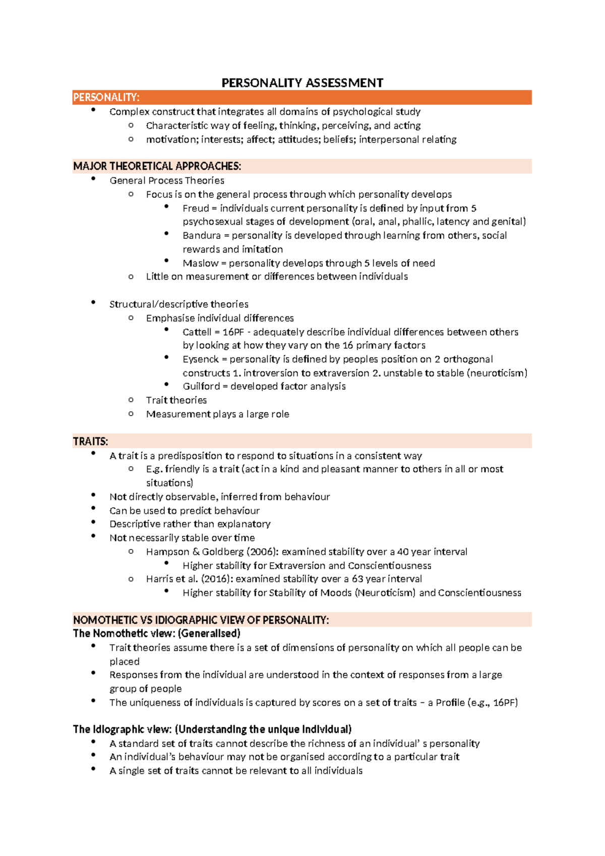 Personality Assessment Notes PPA - PERSONALITY ASSESSMENT PERSONALITY ...