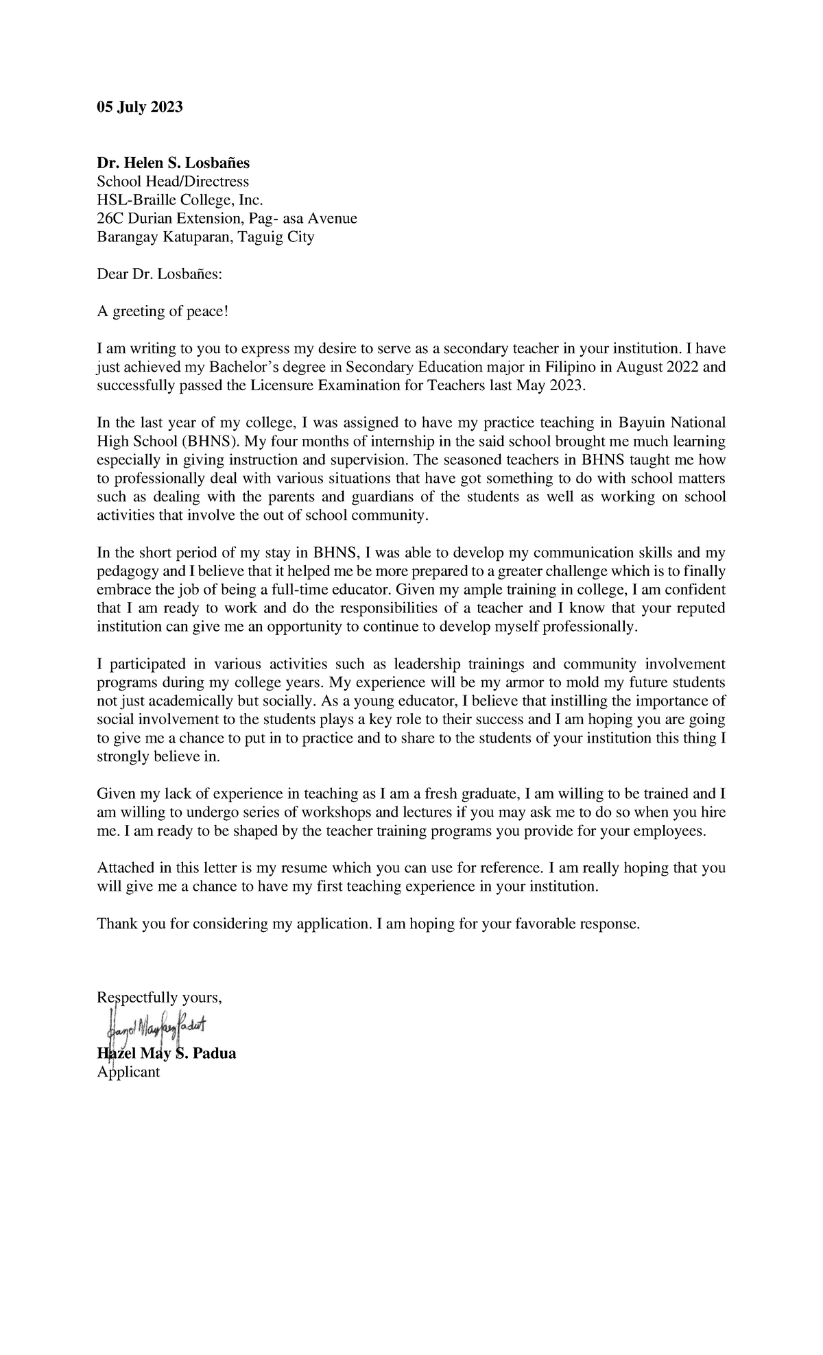 Application Letter - 05 July 2023 Dr. Helen S. Losbañes School Head ...