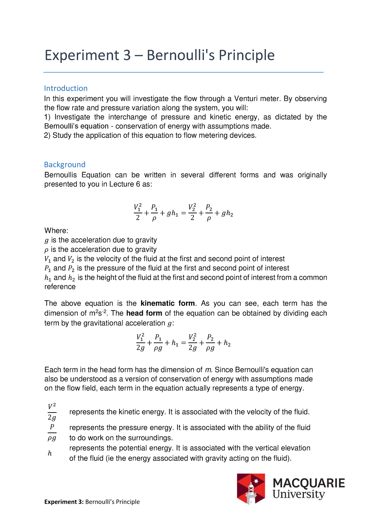 Lab 3 Practical 3 Notes Experiment 3 Bernoulli S Principle