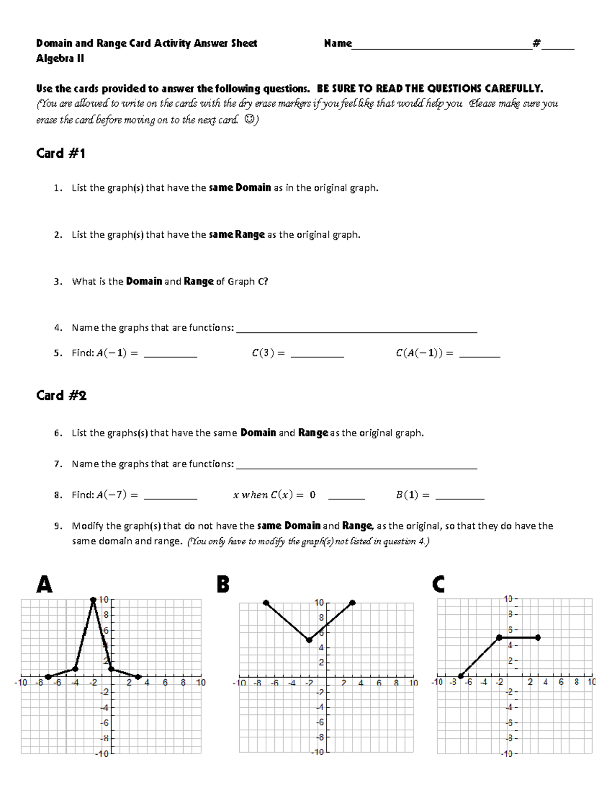 Domain And Range Card Activity Answer Sheet Algebra Ii - Studocu