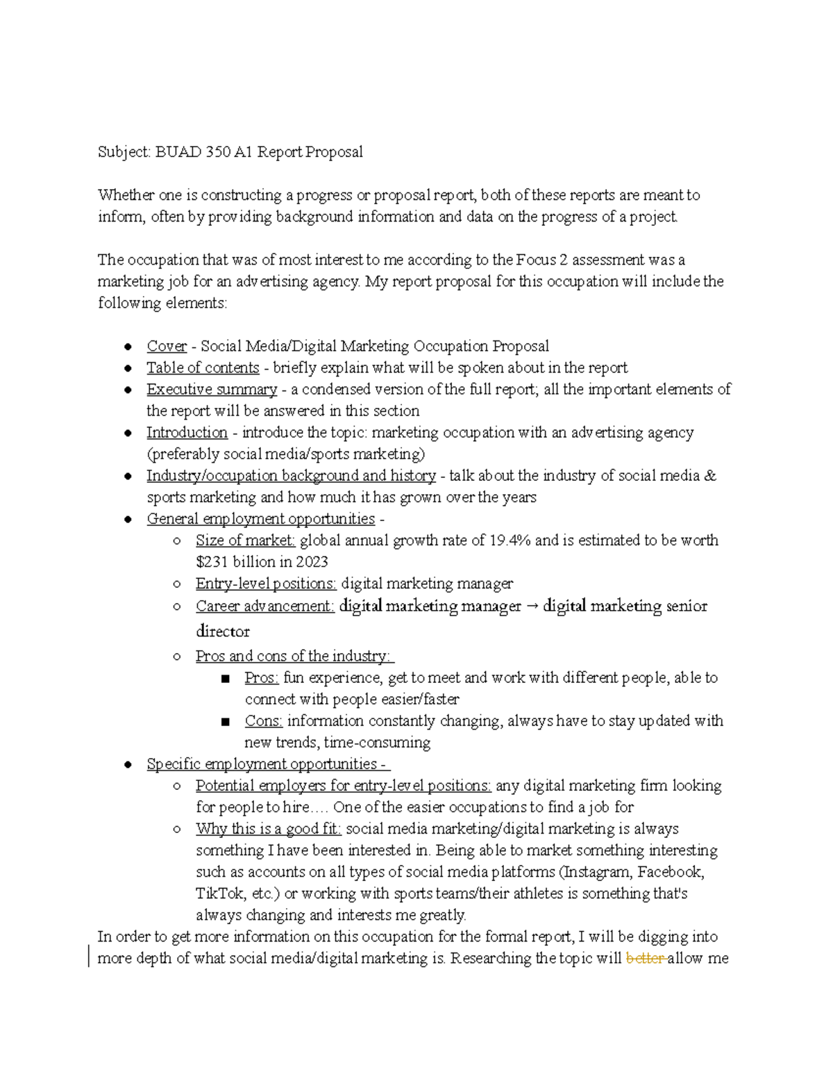 BUAD 350 Report Proposal Memo - Subject: BUAD 350 A1 Report Proposal ...