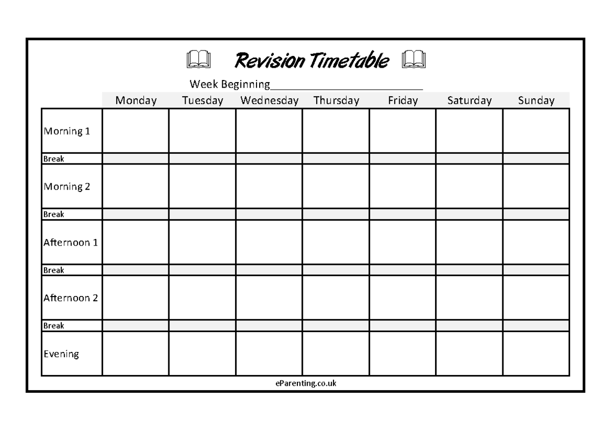 Revision Timetable Template - Monday Tuesday Wednesday Thursday Friday ...