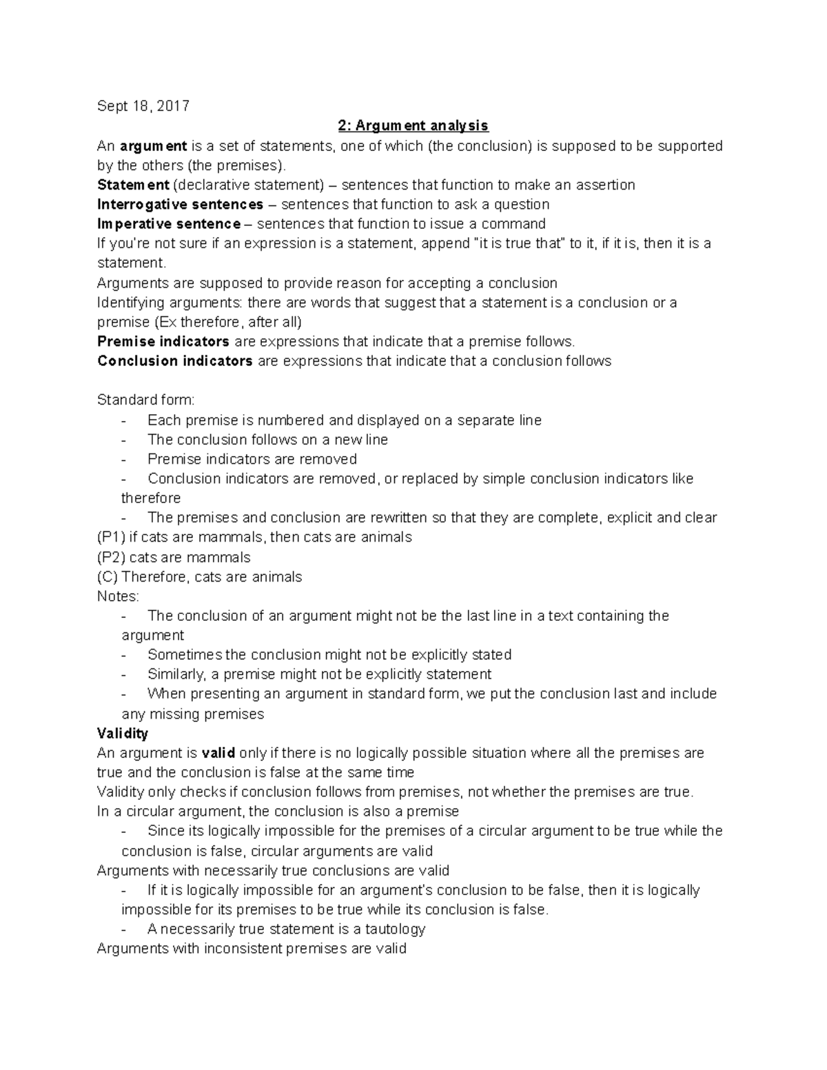 Philo Notes - Sept 18, 2017 2: Argument analysis An argument is a set ...